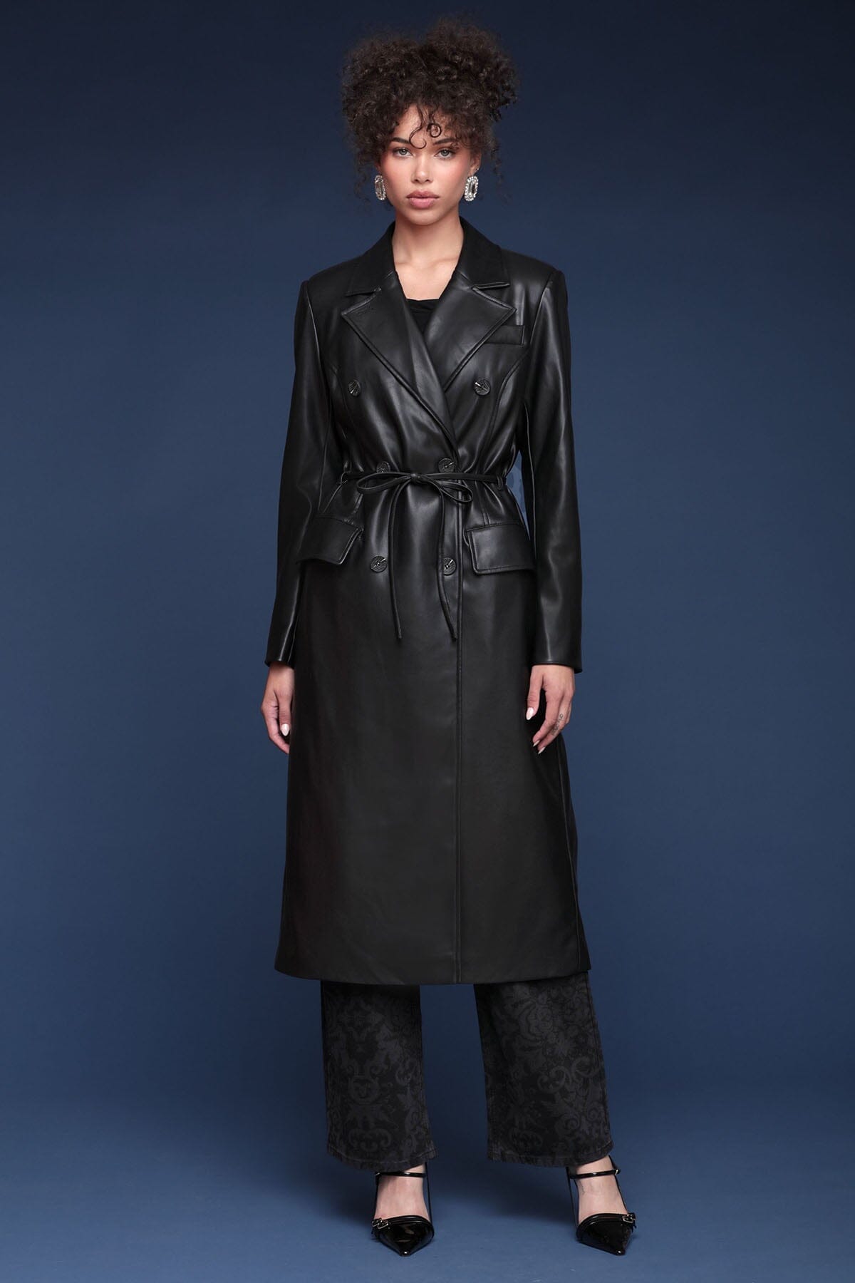 Belted faux leather double-breasted black trench coat with adjustable self-tie belt and flap pockets - Cute women's trench coats by Avec Les Filles