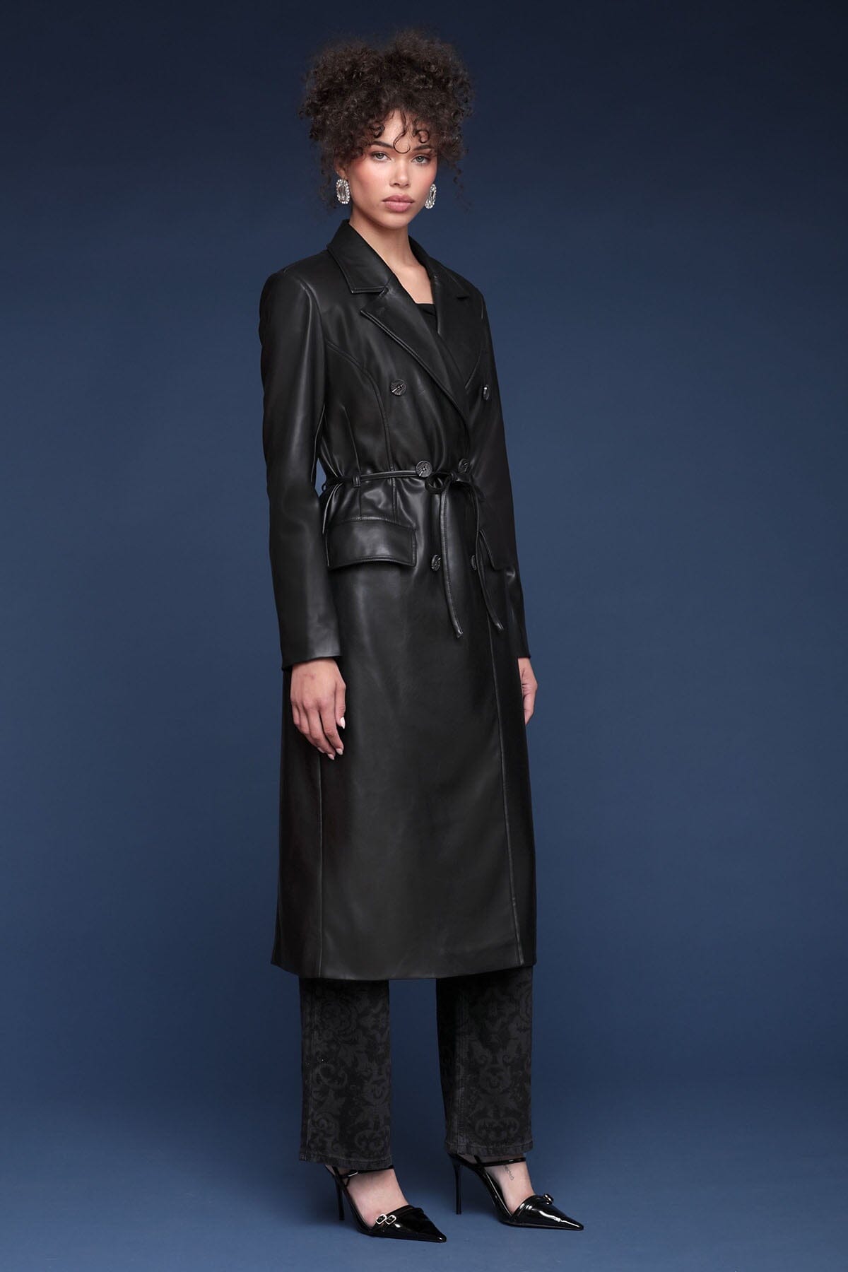Belted faux leather double-breasted black trench coat with adjustable self-tie belt and flap pockets - Cute women's trench coats by Avec Les Filles