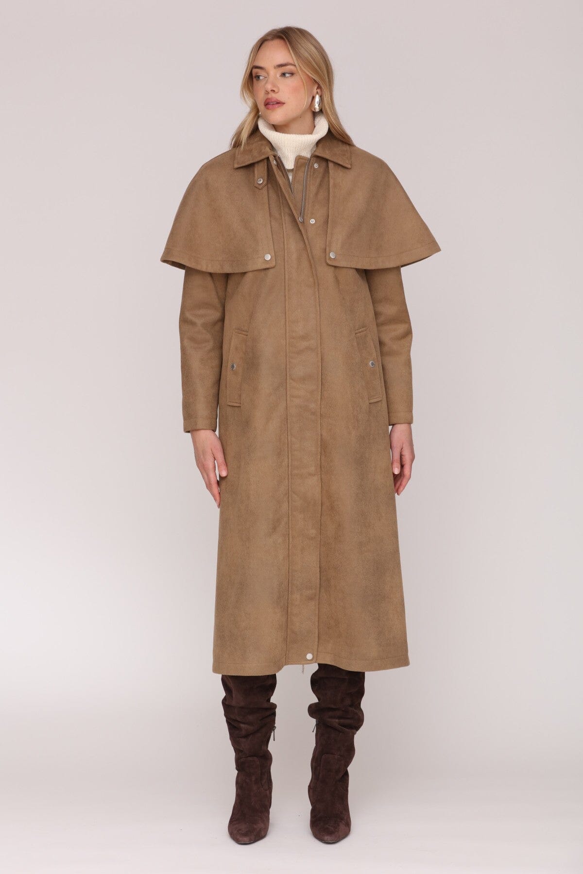 Faux suede cape brown trench coat with  classic point collar and detachable cape overlay - Cute women's trench coats by Avec Les Filles