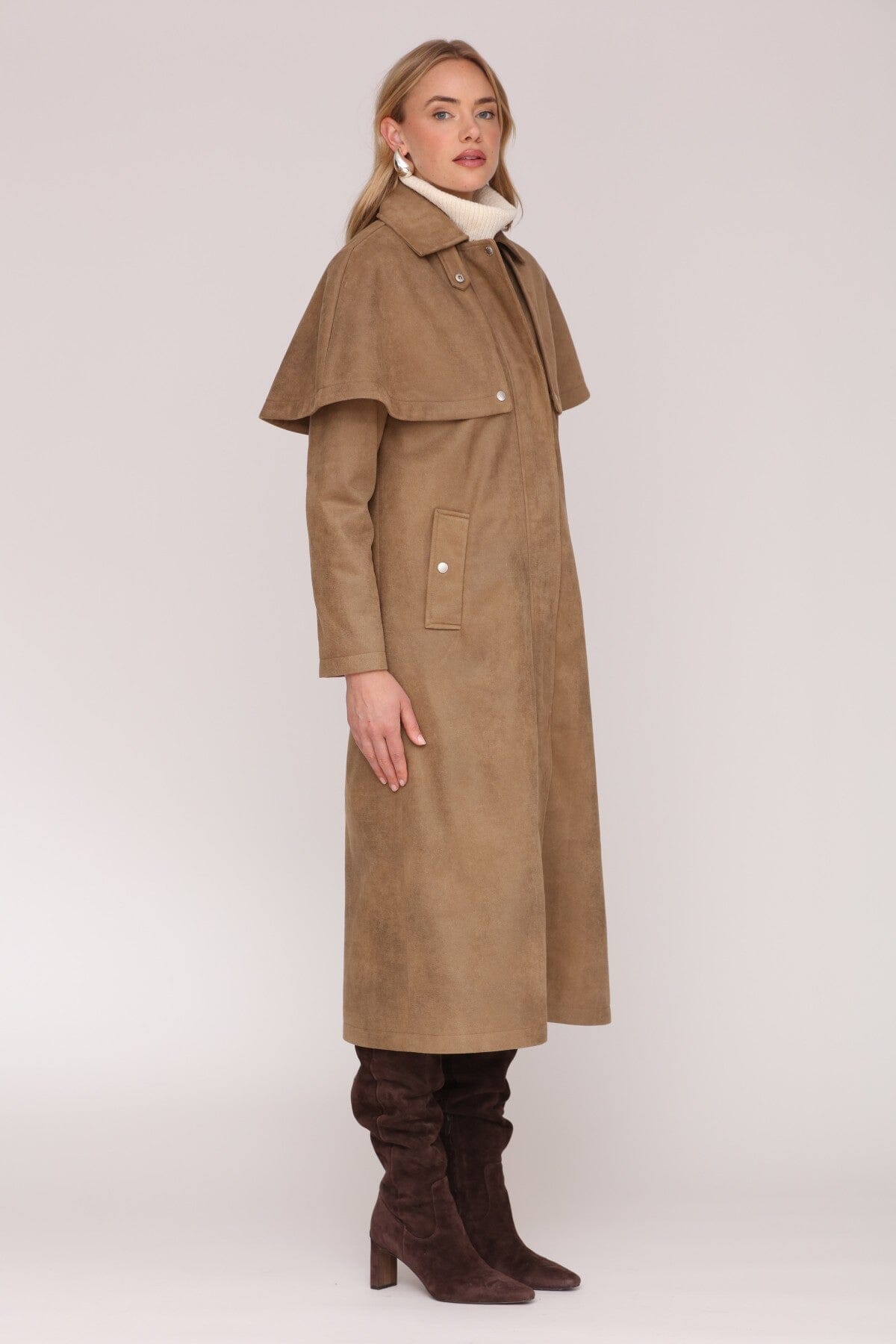 Faux suede cape brown trench coat with  classic point collar and detachable cape overlay - Cute women's trench coats by Avec Les Filles