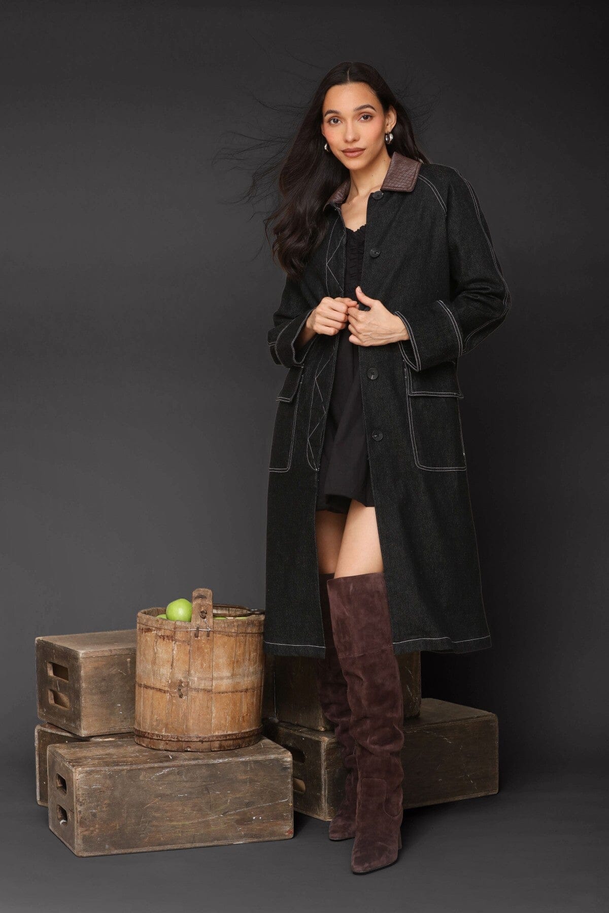 Denim utility dark indigo front button trench coat with long raglan sleeves and brown faux leather point collar - Cute women's trench coats by Avec Les Filles