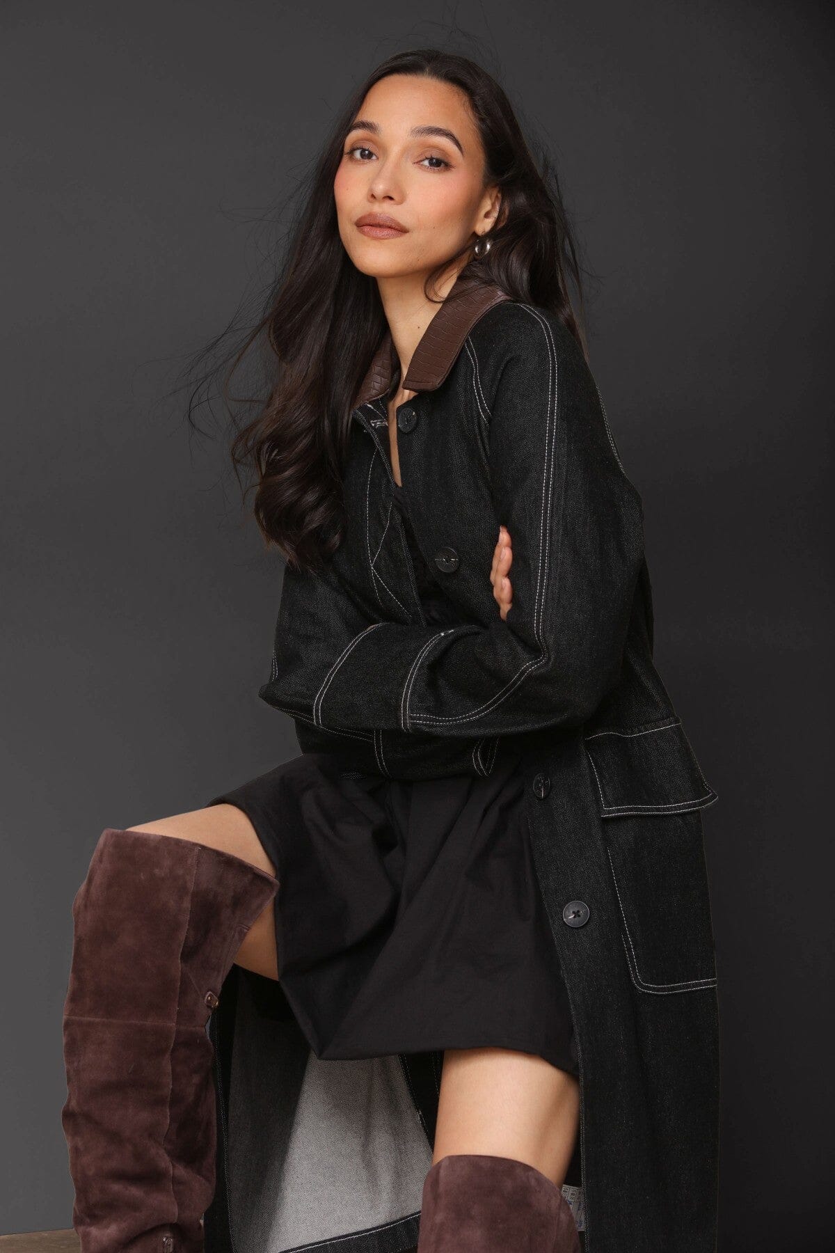 Denim utility dark indigo front button trench coat with long raglan sleeves and brown faux leather point collar - Cute women's trench coats by Avec Les Filles