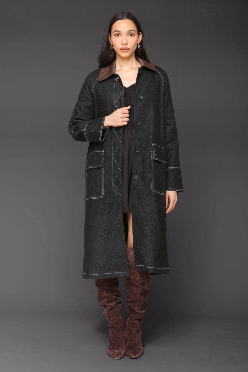 Denim utility dark indigo front button trench coat with long raglan sleeves and brown faux leather point collar - Cute women's trench coats by Avec Les Filles