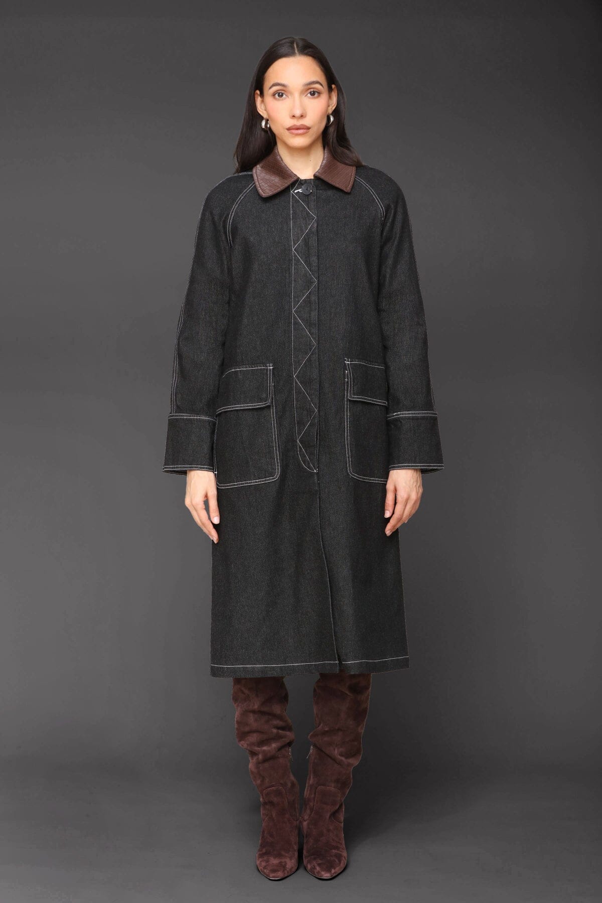 Denim utility dark indigo front button trench coat with long raglan sleeves and brown faux leather point collar - Cute women's trench coats by Avec Les Filles