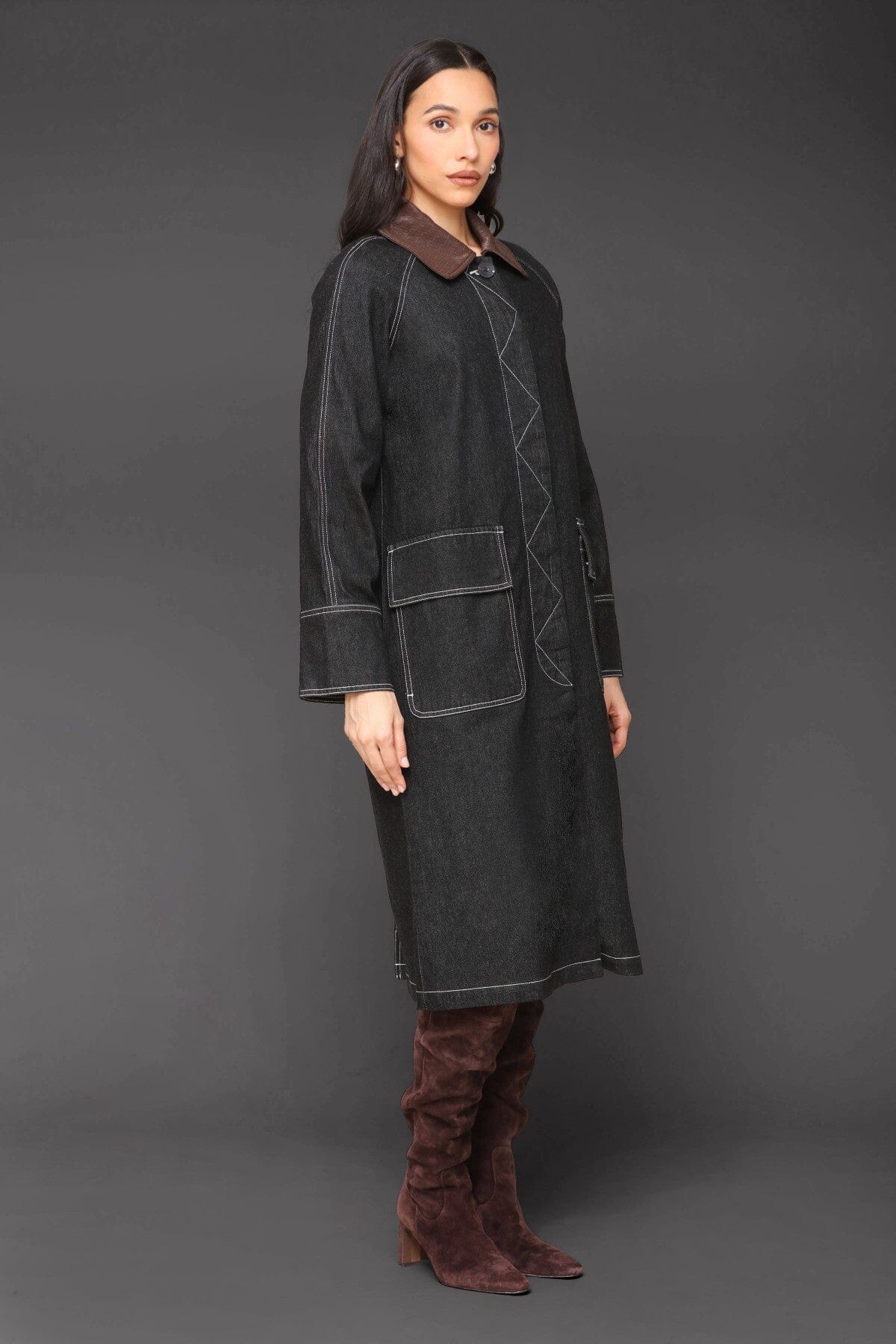 Denim utility dark indigo front button trench coat with long raglan sleeves and brown faux leather point collar - Cute women's trench coats by Avec Les Filles