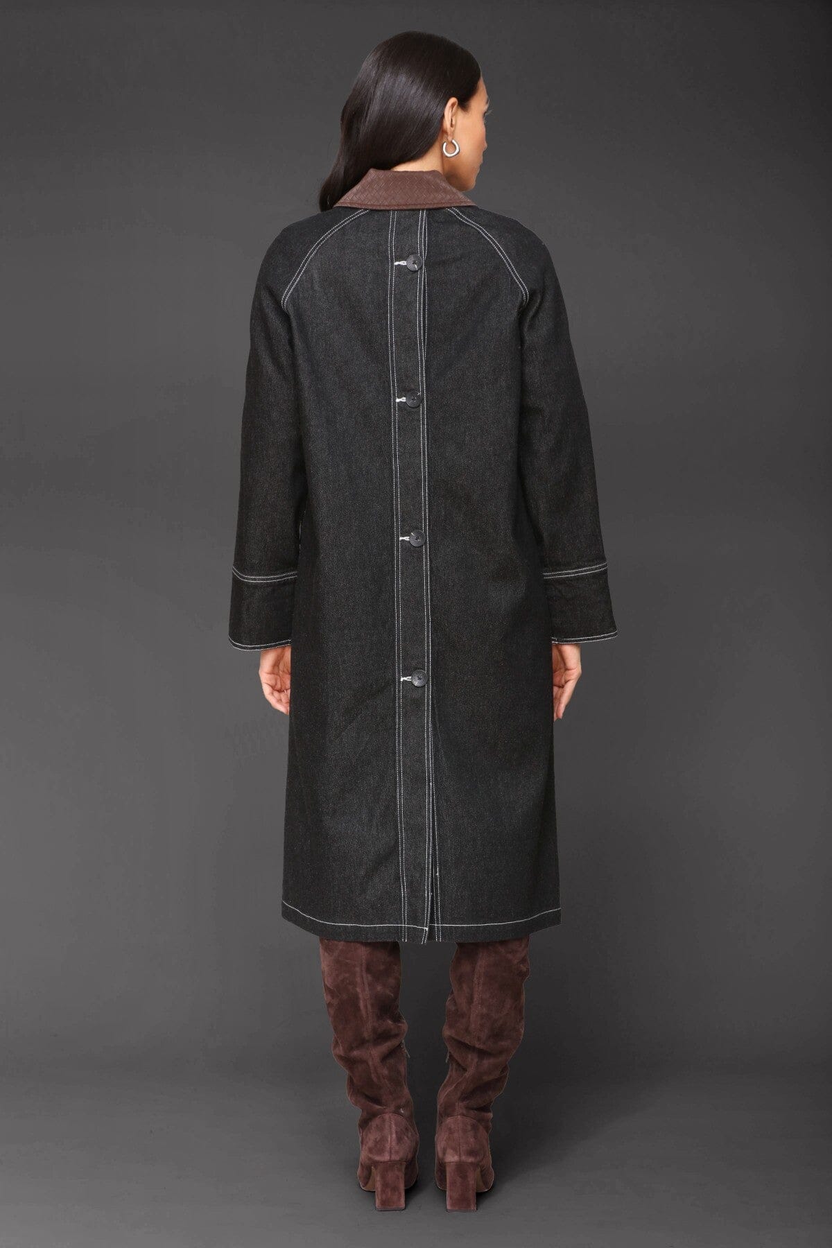 Denim utility dark indigo front button trench coat with long raglan sleeves and brown faux leather point collar - Cute women's trench coats by Avec Les Filles