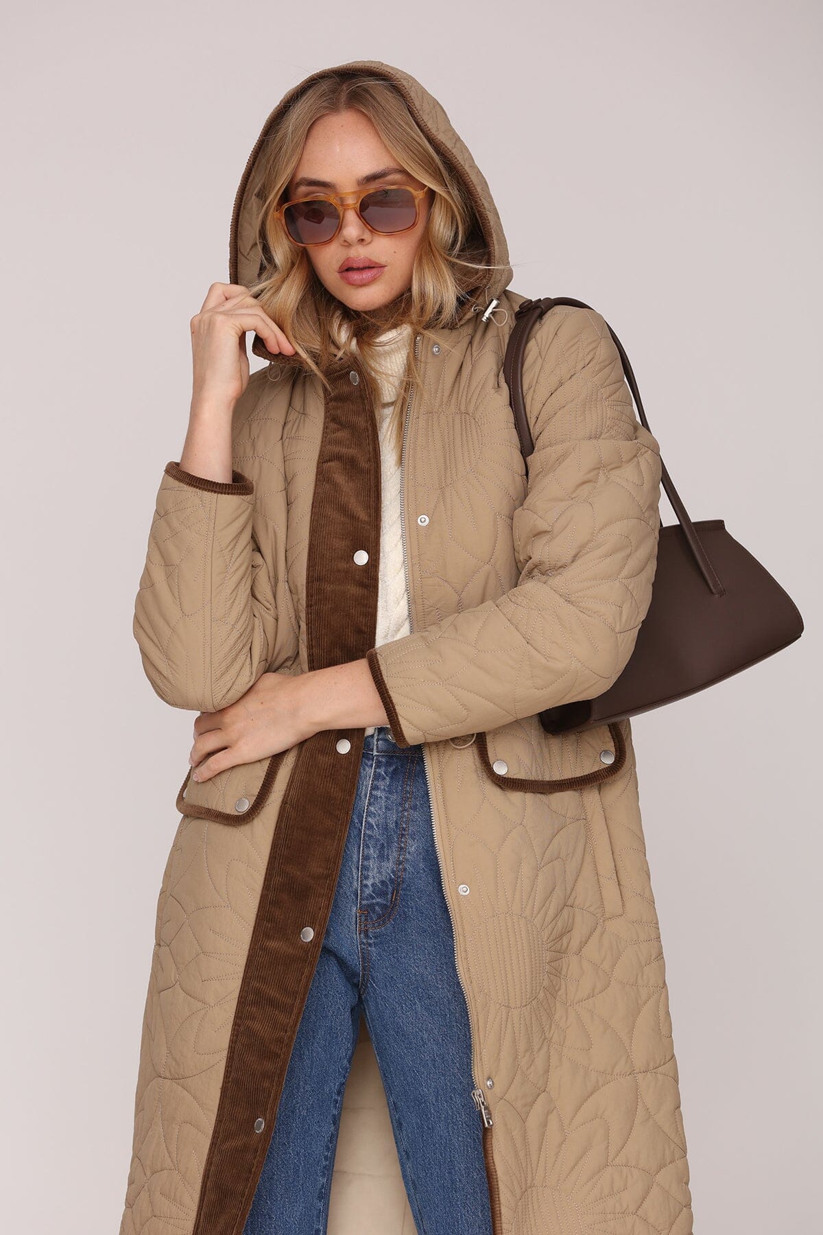 Corduroy trim quilted floral anorak hooded brown coat with drawcord waist and long sleeves - Cute women's coats by Avec Les Filles