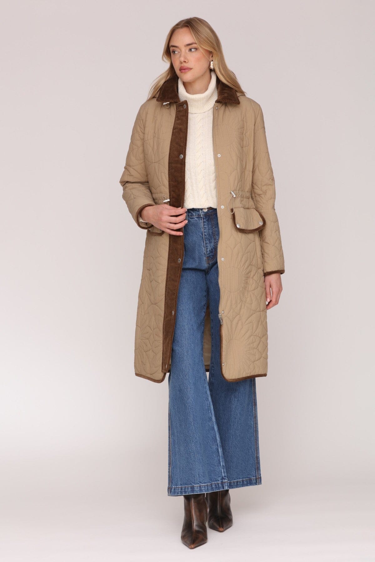 Corduroy trim quilted floral anorak hooded brown coat with drawcord waist and long sleeves - Cute women's coats by Avec Les Filles