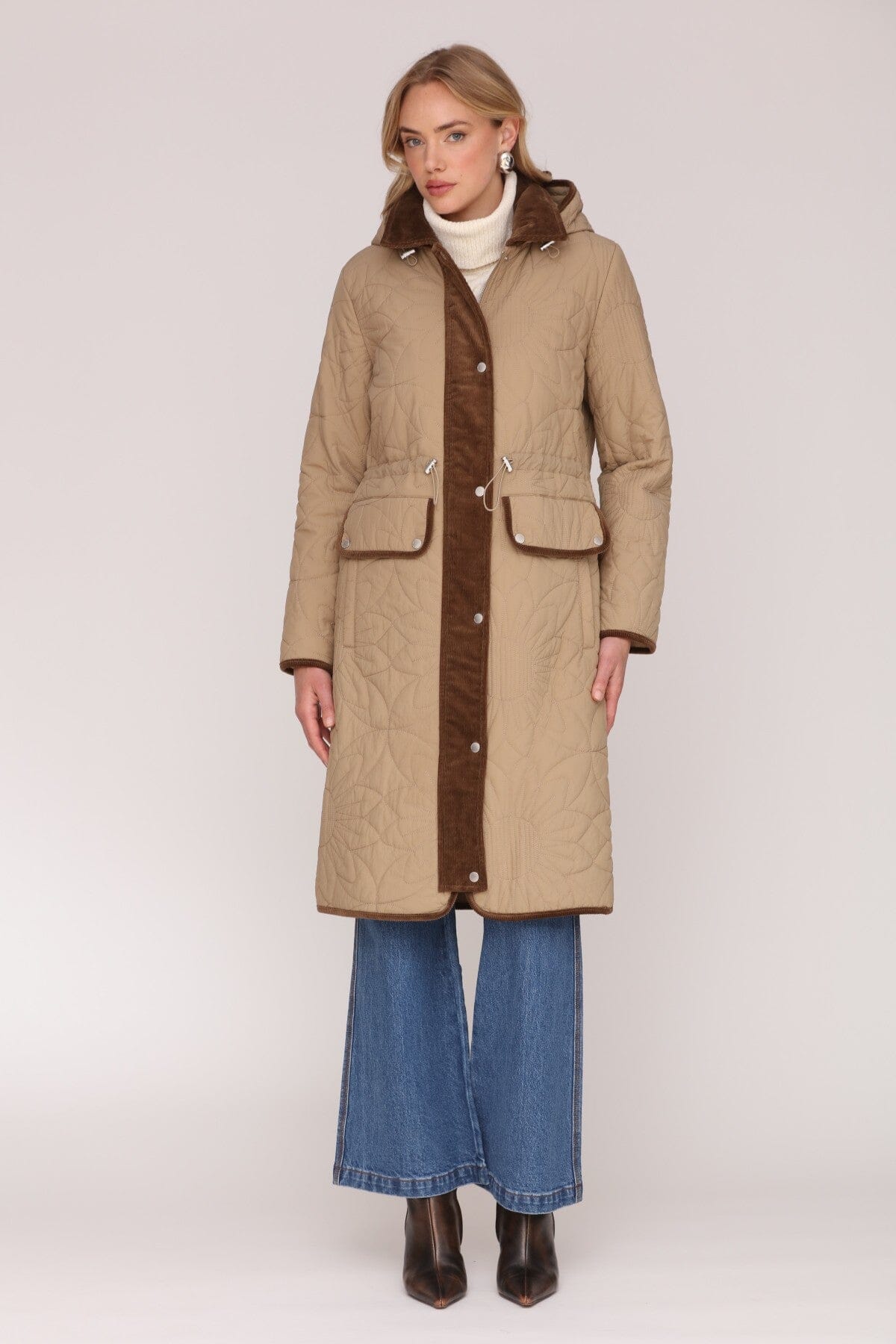 Corduroy trim quilted floral anorak hooded brown coat with drawcord waist and long sleeves - Cute women's coats by Avec Les Filles
