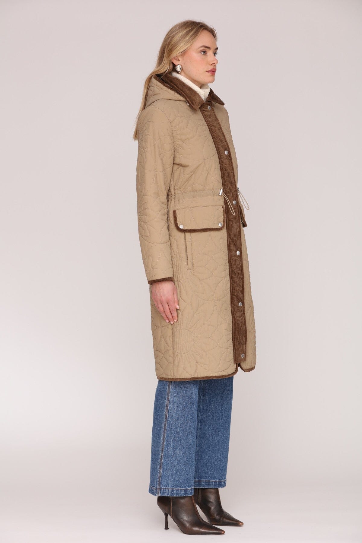 Corduroy trim quilted floral anorak hooded brown coat with drawcord waist and long sleeves - Cute women's coats by Avec Les Filles