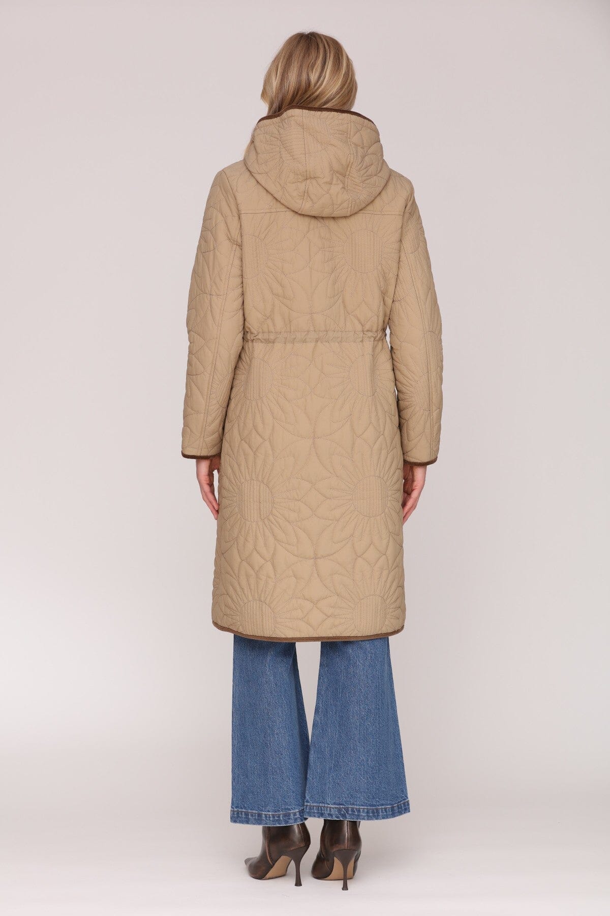Corduroy trim quilted floral anorak hooded brown coat with drawcord waist and long sleeves - Cute women's coats by Avec Les Filles