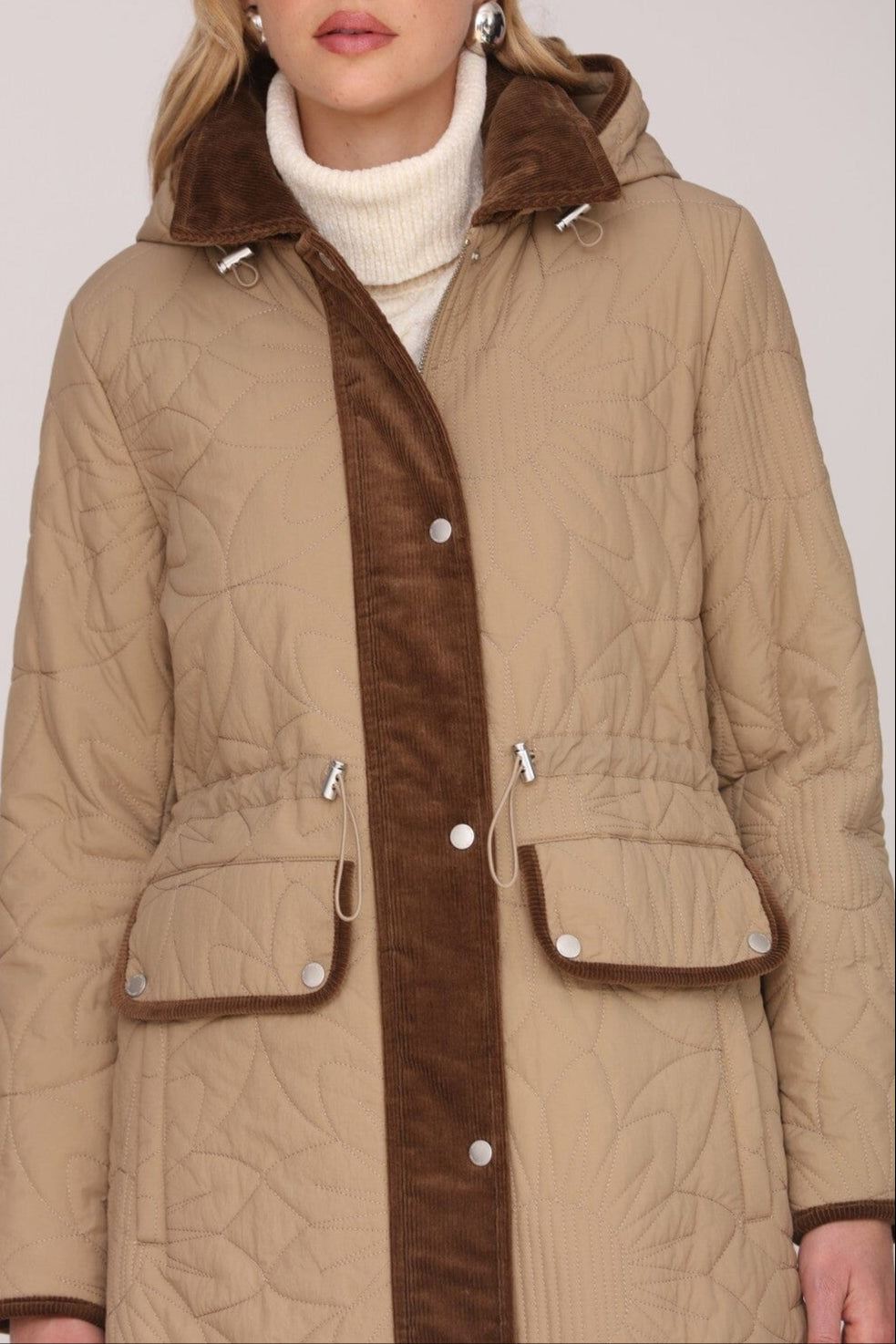 Corduroy trim quilted floral anorak hooded brown coat with drawcord waist and long sleeves - Cute women's coats by Avec Les Filles