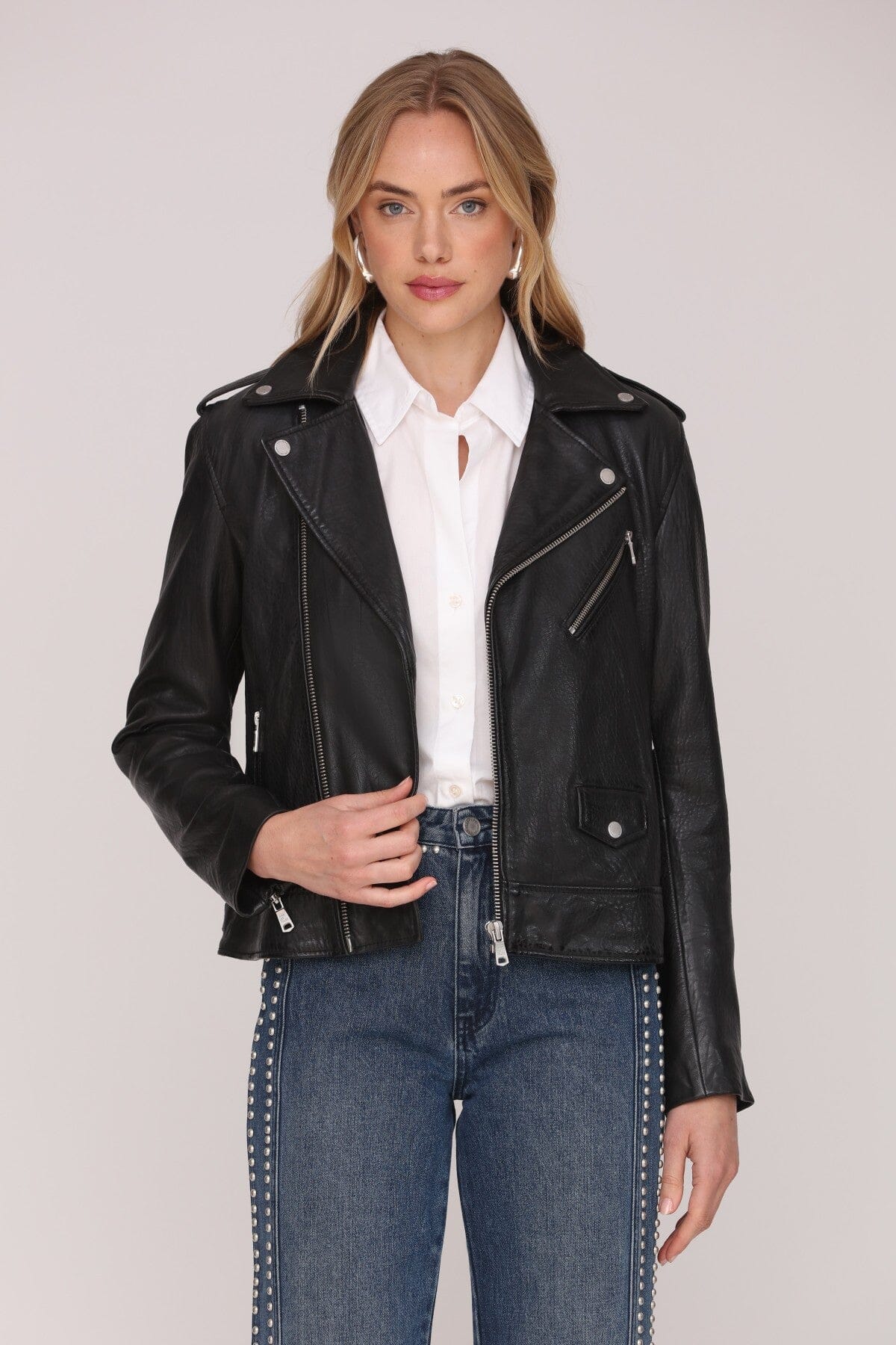 Classic genuine leather biker black moto jacket with asymmetrical zip front and epaulettes at shoulders - Cute women's jackets by Avec Les Filles