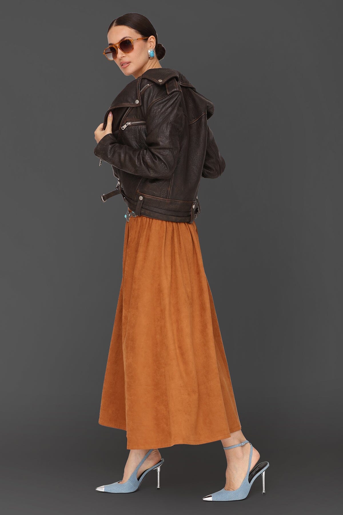 Genuine leather western belted brown biker jacket with asymmetric front and adjustable belt - Cute women's biker jackets by Avec Les Filles