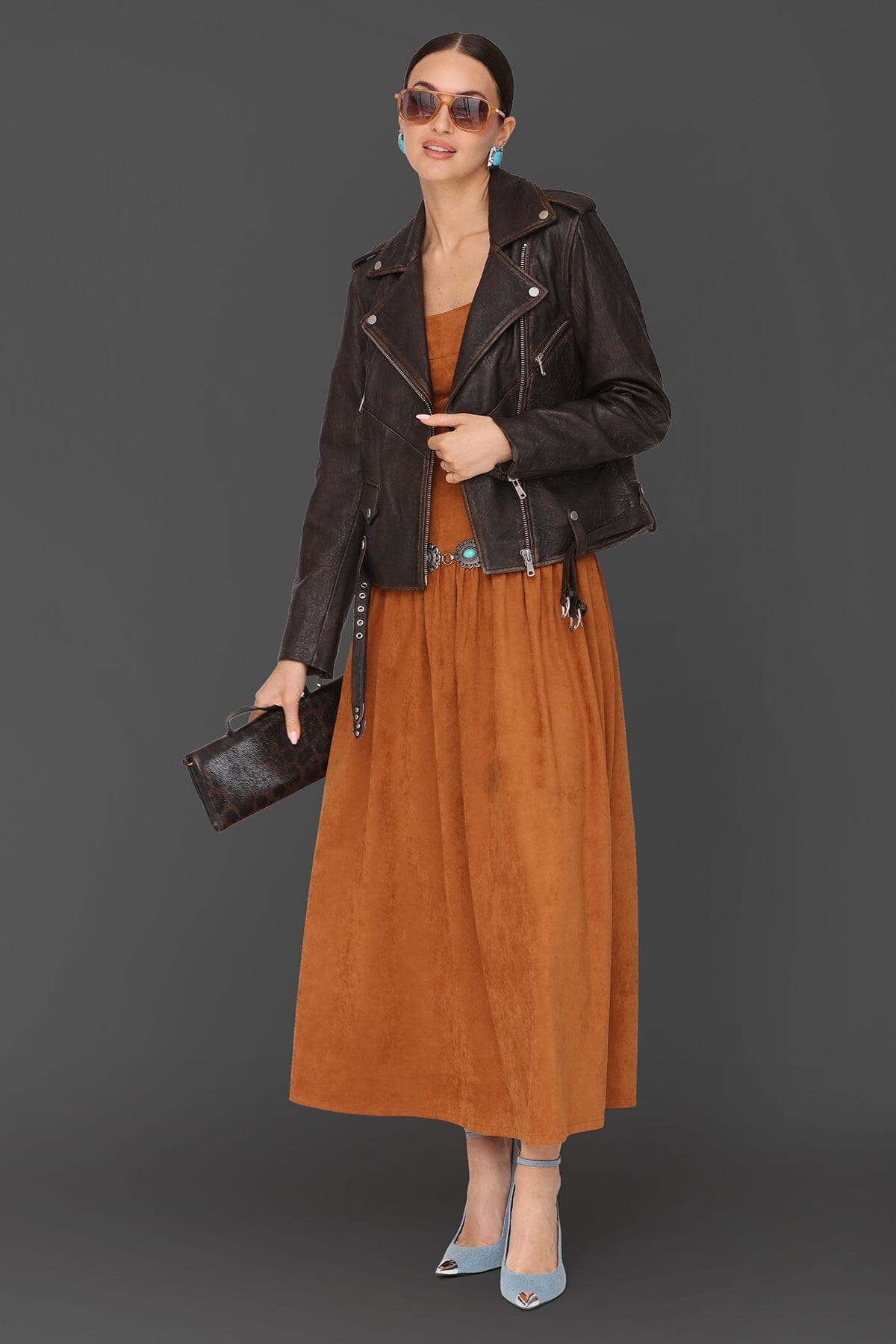 Genuine leather western belted brown biker jacket with asymmetric front and adjustable belt - Cute women's biker jackets by Avec Les Filles