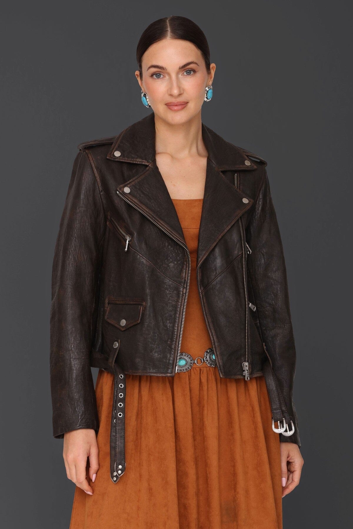 Genuine leather western belted brown biker jacket with asymmetric front and adjustable belt - Cute women's biker jackets by Avec Les Filles