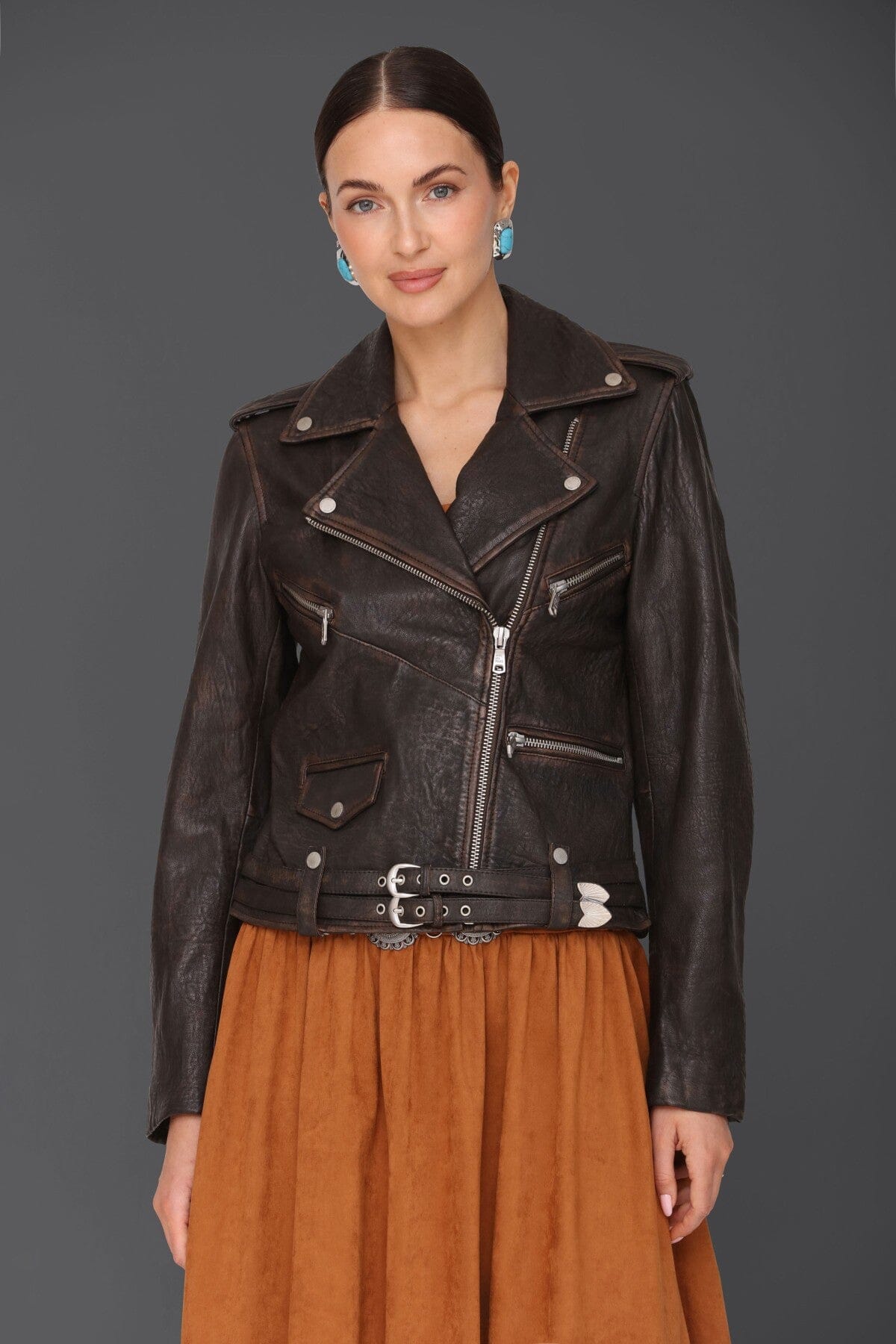 Genuine leather western belted brown biker jacket with asymmetric front and adjustable belt - Cute women's biker jackets by Avec Les Filles