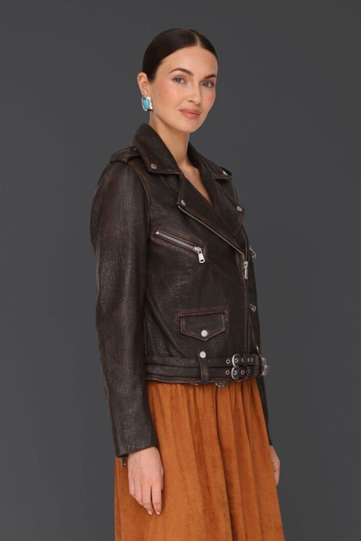 Genuine leather western belted brown biker jacket with asymmetric front and adjustable belt - Cute women's biker jackets by Avec Les Filles