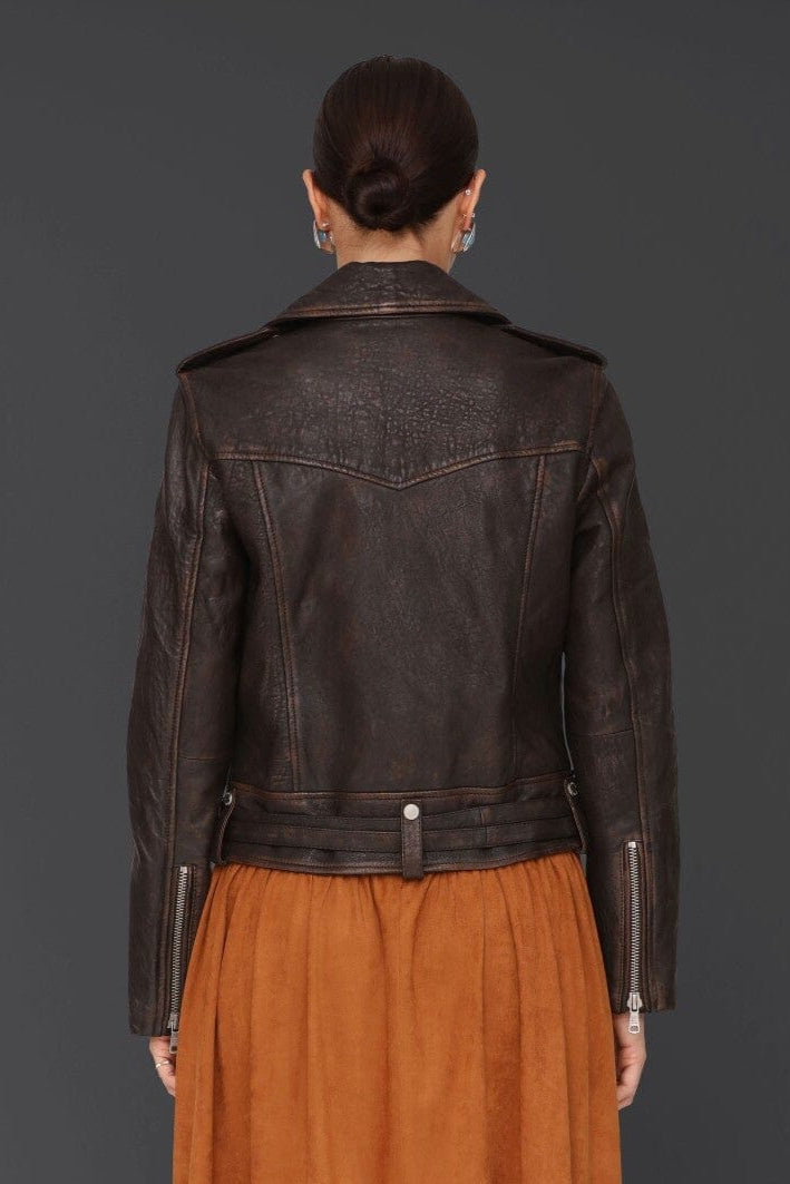 Genuine leather western belted brown biker jacket with asymmetric front and adjustable belt - Cute women's biker jackets by Avec Les Filles