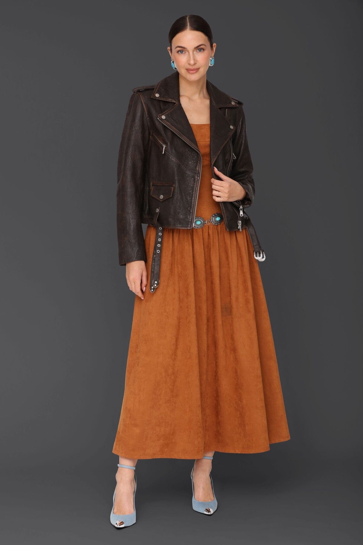 Genuine leather western belted brown biker jacket with asymmetric front and adjustable belt - Cute women's biker jackets by Avec Les Filles