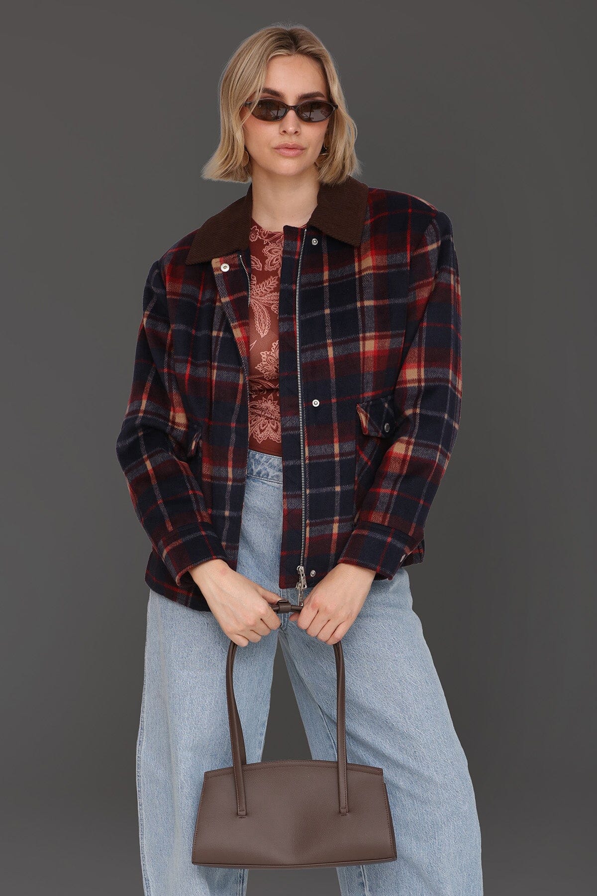 Heritage navy-red plaid bomber jacket with drop shoulders, flap pockets and long sleeves - Cute women's jackets by Avec Les Filles