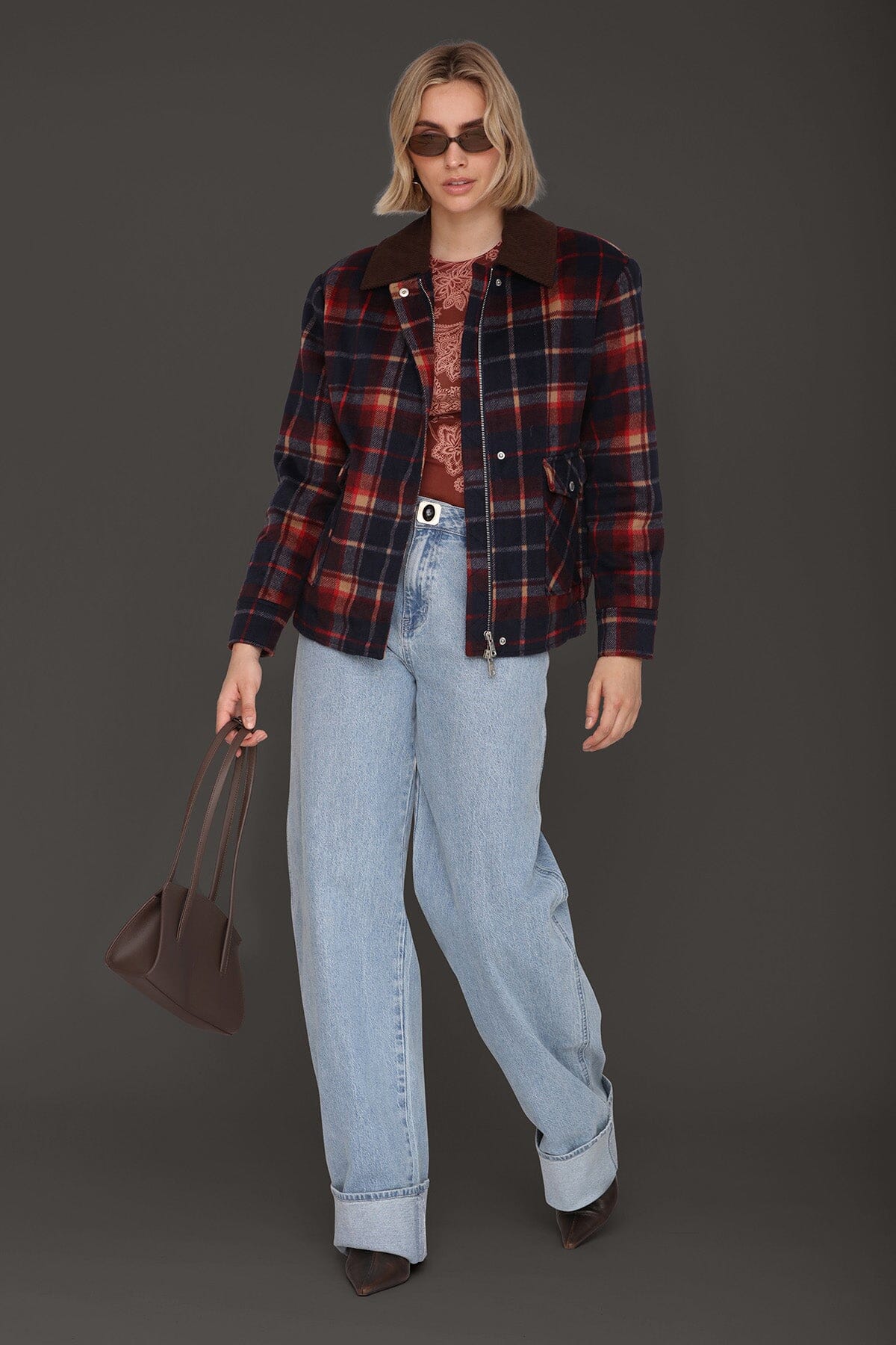 Heritage navy-red plaid bomber jacket with drop shoulders, flap pockets and long sleeves - Cute women's jackets by Avec Les Filles