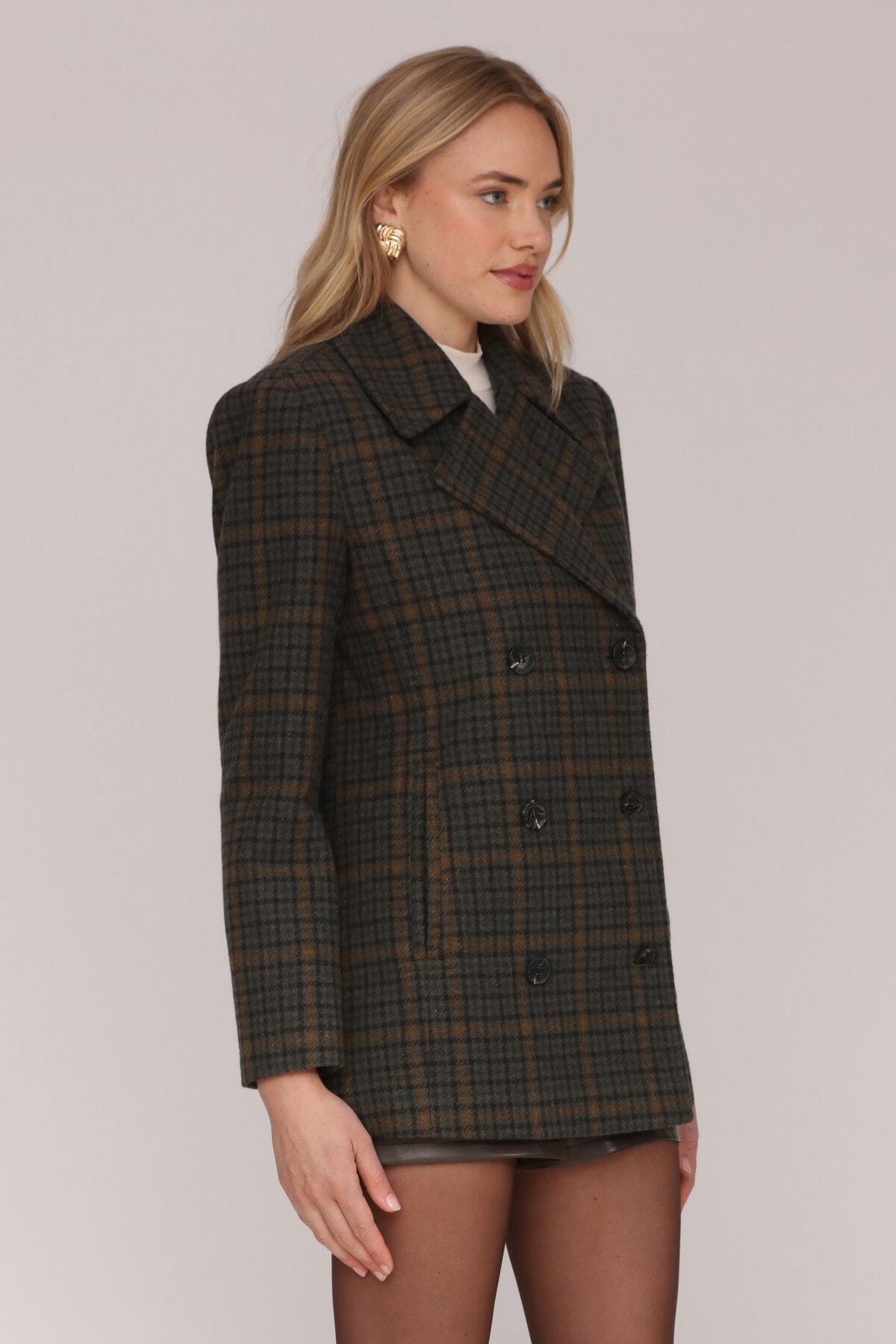 Dark green and caramel plaid double-breasted blazer coat with front-button closure and long sleeves - Cute women's coats & jackets by Avec Les Filles