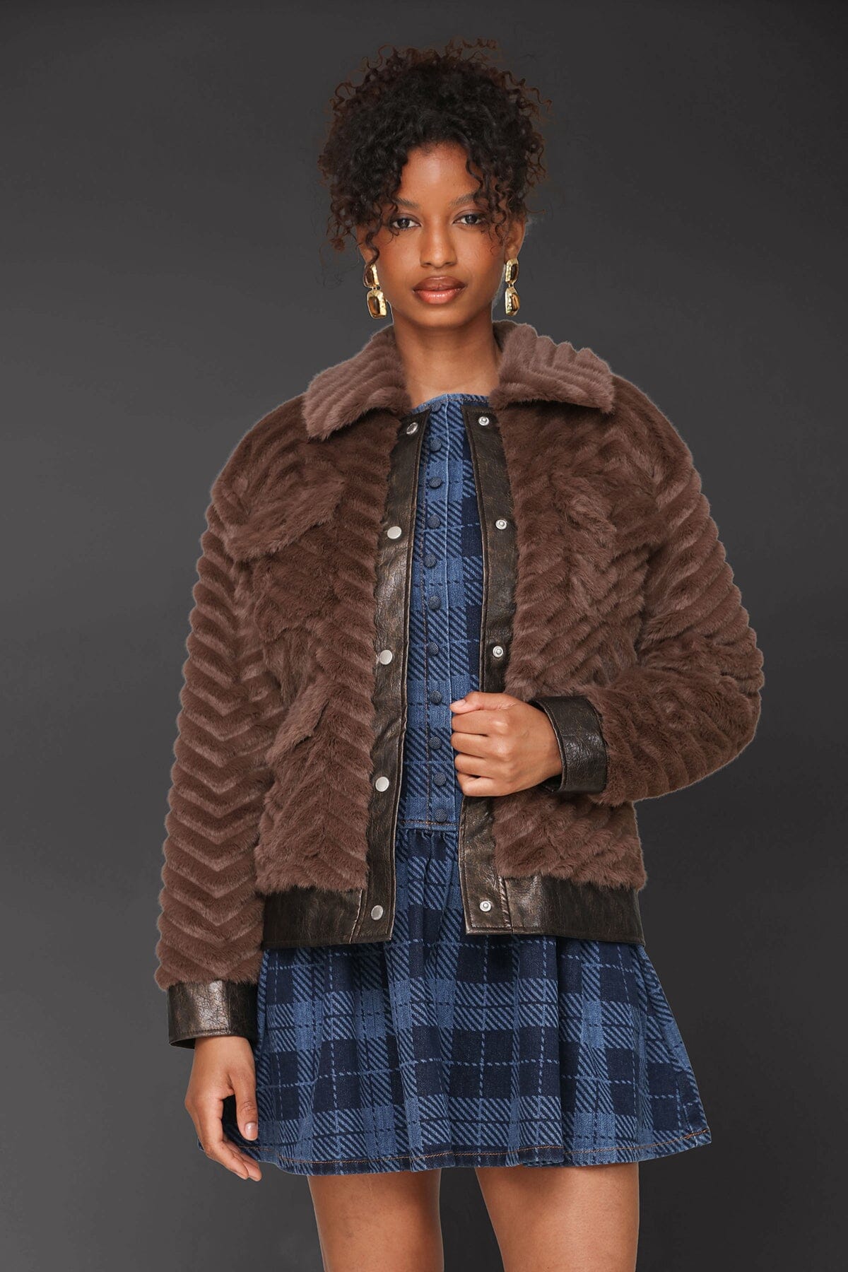 Faux fur utility brown bomber jacket with button front, faux leather front placket and plush texture - Cute women's jackets by Avec Les Filles