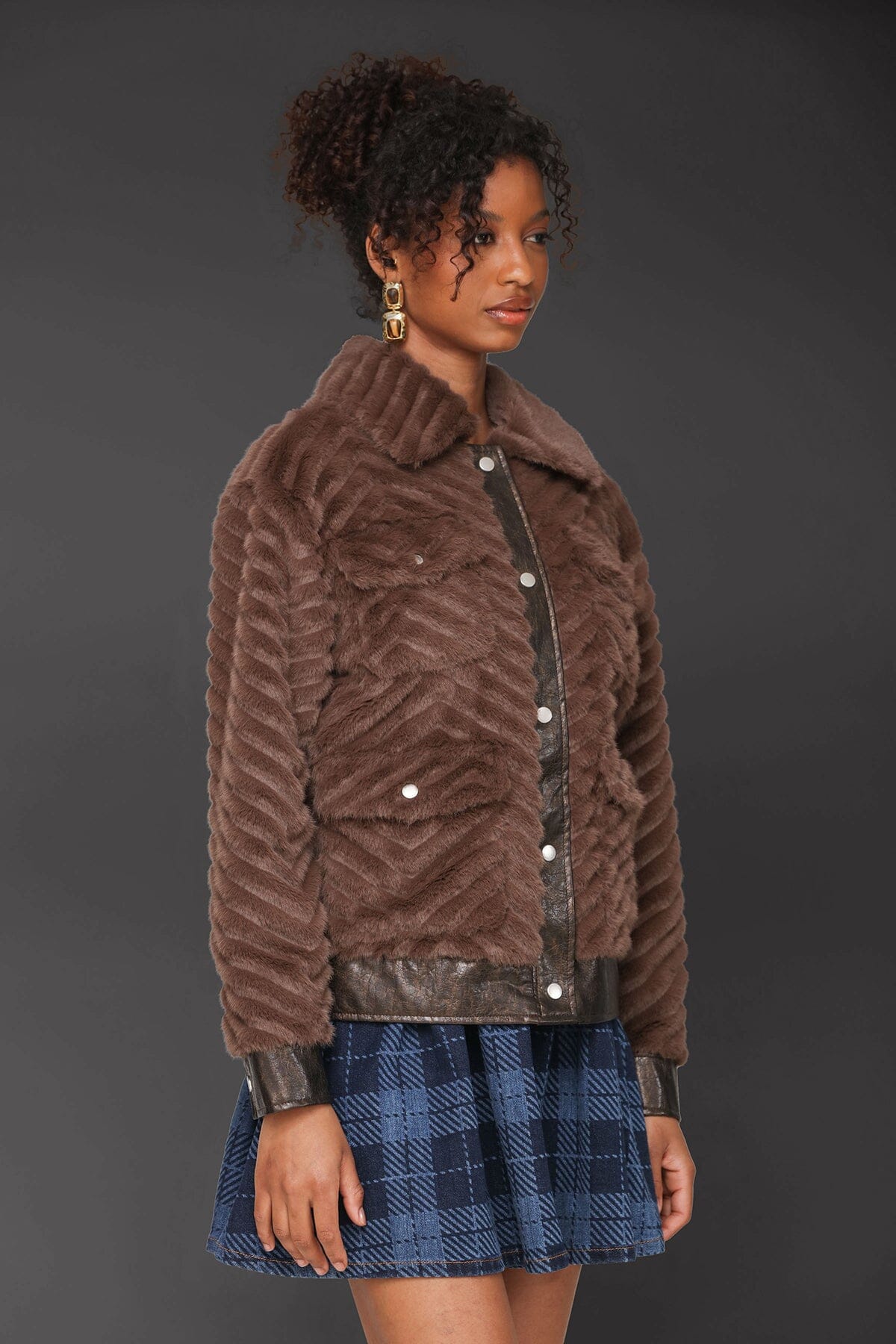 Faux fur utility brown bomber jacket with button front, faux leather front placket and plush texture - Cute women's jackets by Avec Les Filles