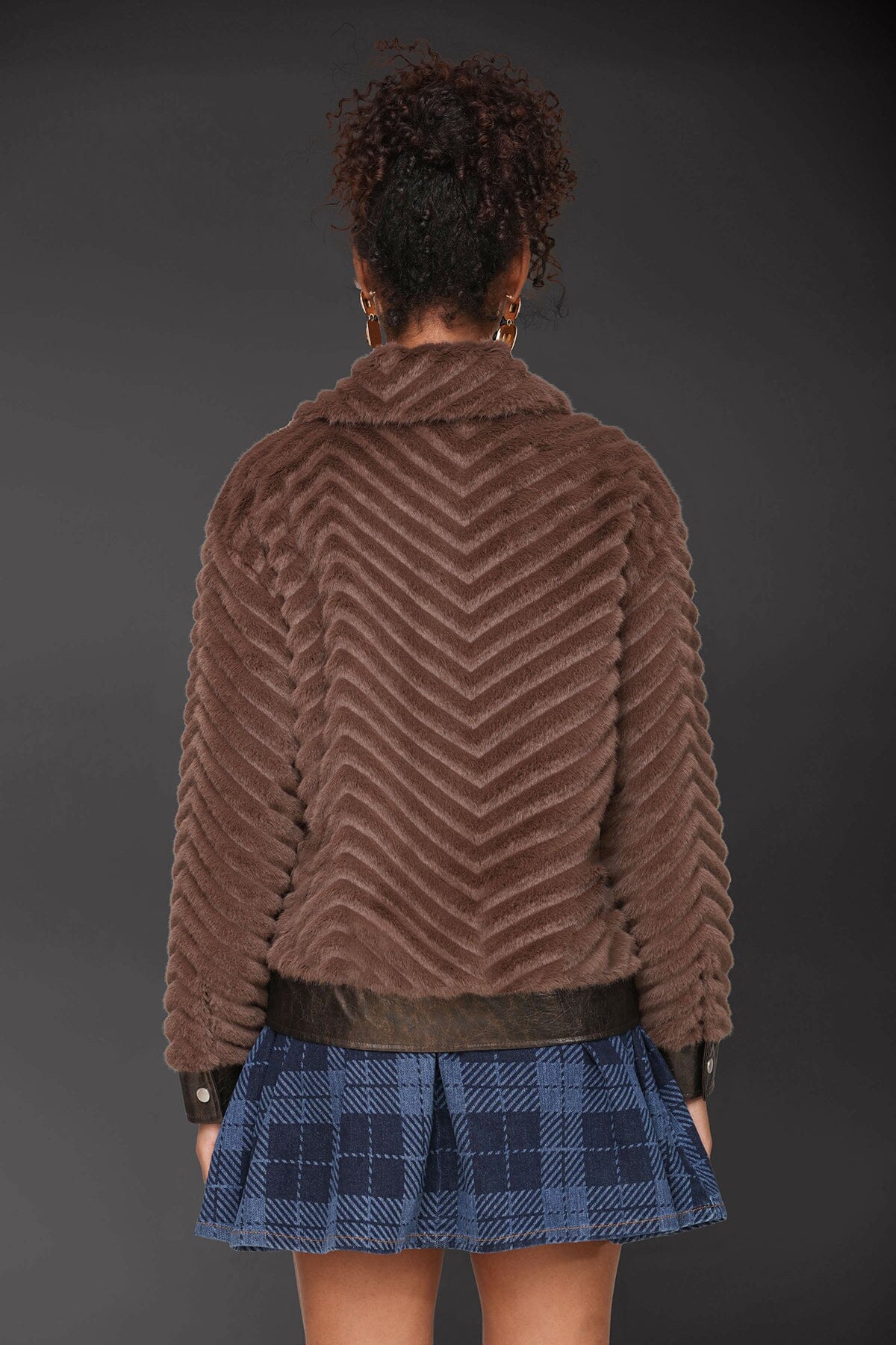 Faux fur utility brown bomber jacket with button front, faux leather front placket and plush texture - Cute women's jackets by Avec Les Filles