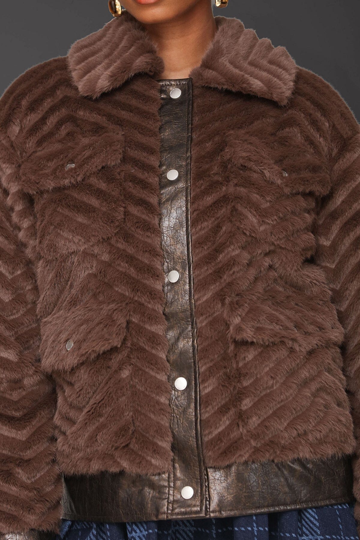 Faux fur utility brown bomber jacket with button front, faux leather front placket and plush texture - Cute women's jackets by Avec Les Filles