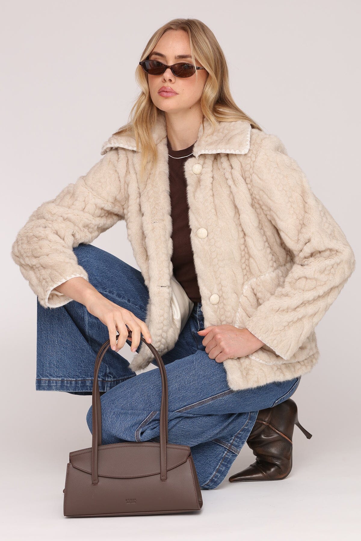 Sand cable knit faux fur jacket with tonal button front and wide notched collar - Cute women's jackets by Avec Les Filles