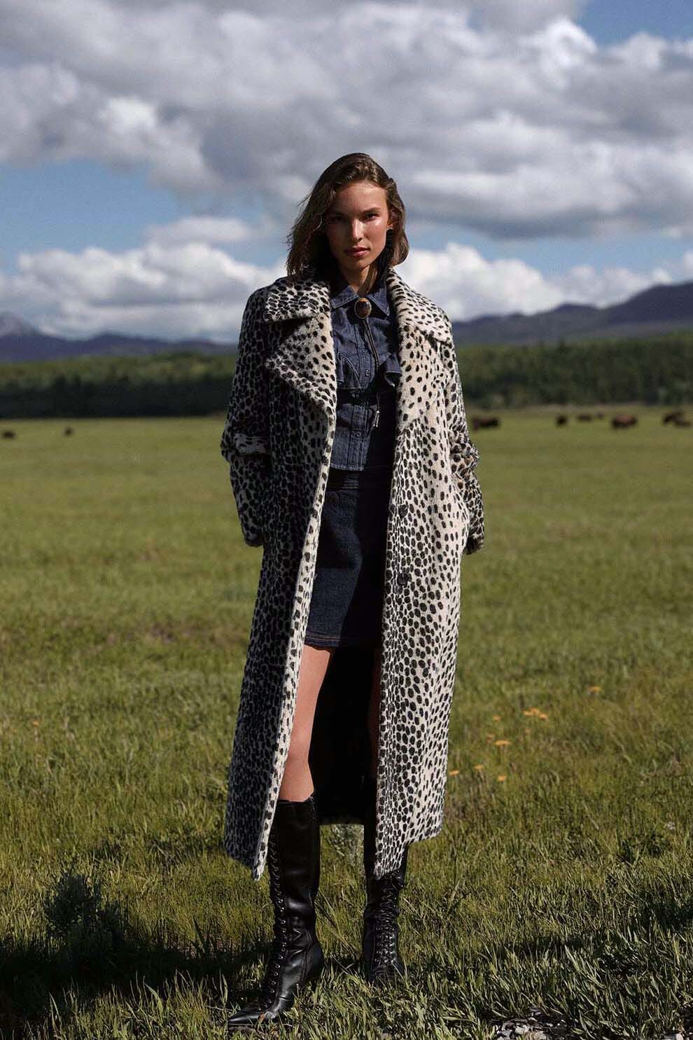 Cheetah faux fur belted black maxi coat with a wide notched lapel collar and a self-tie belt - Cute women's maxi coat by Avec Les Filles
