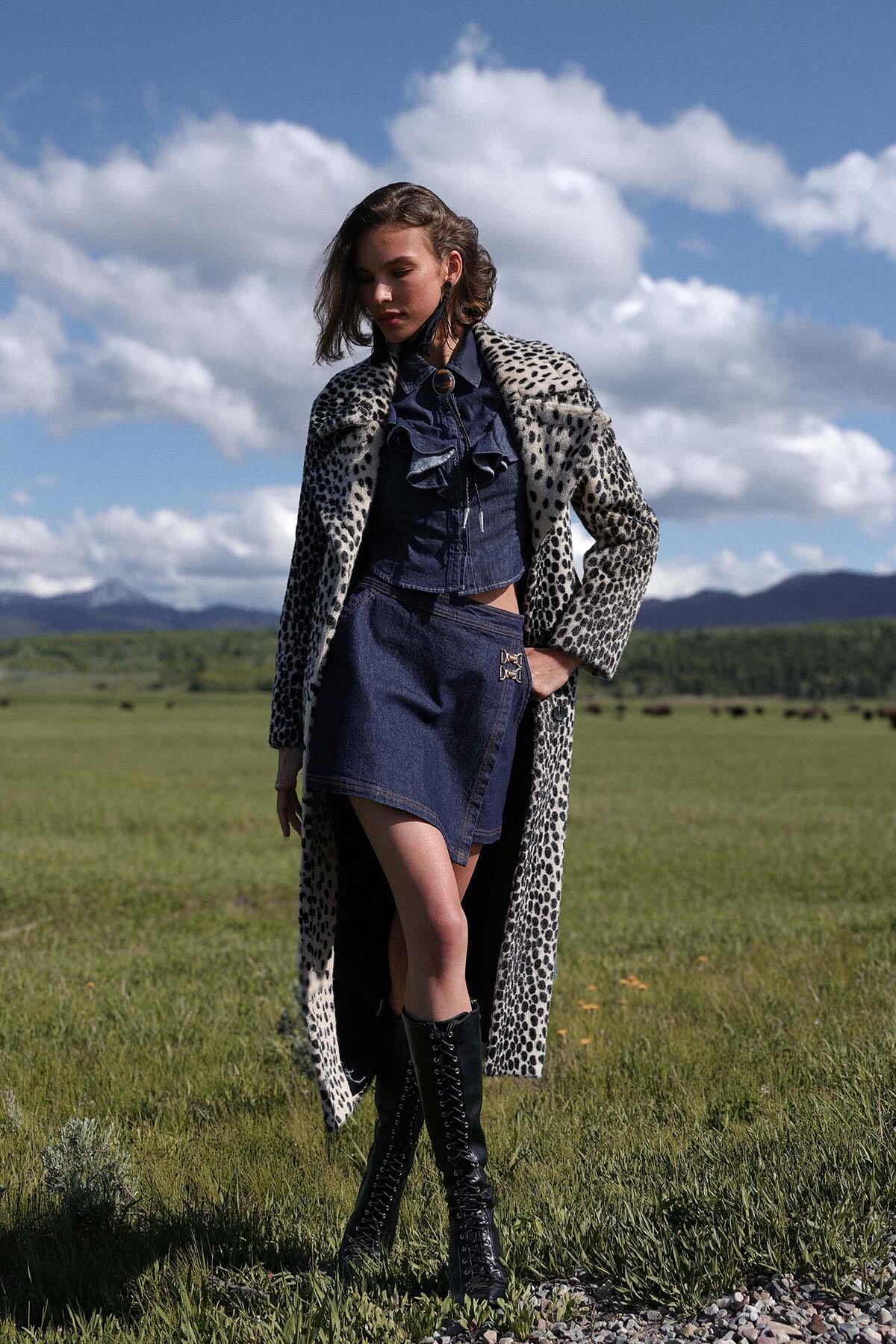 Cheetah faux fur belted black maxi coat with a wide notched lapel collar and a self-tie belt - Cute women's maxi coat by Avec Les Filles