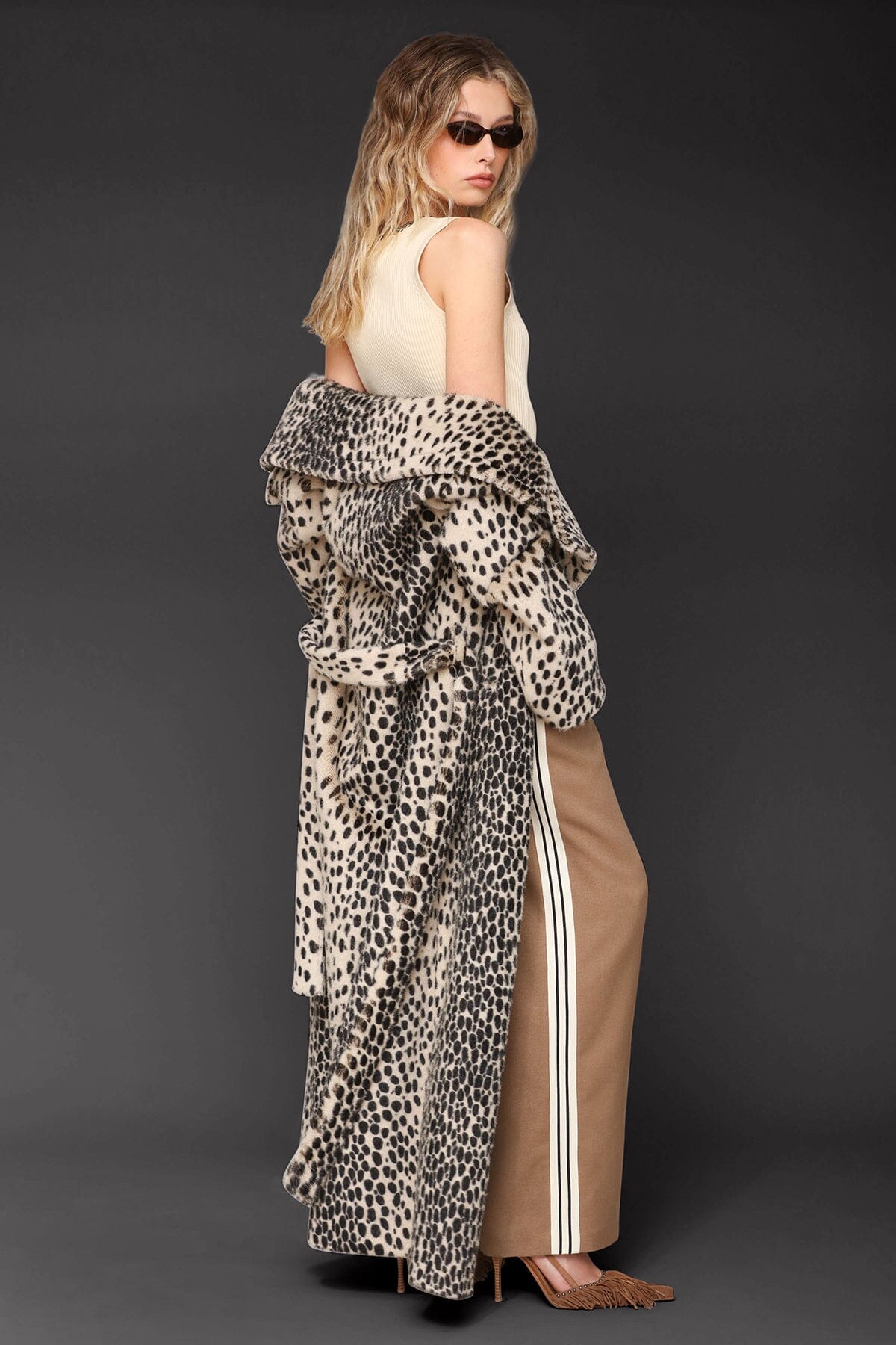 Cheetah faux fur belted black maxi coat with a wide notched lapel collar and a self-tie belt - Cute women's maxi coat by Avec Les Filles