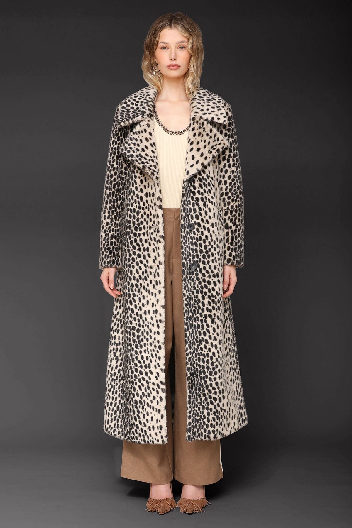 Cheetah faux fur belted black maxi coat with a wide notched lapel collar and a self-tie belt - Cute women's maxi coat by Avec Les Filles