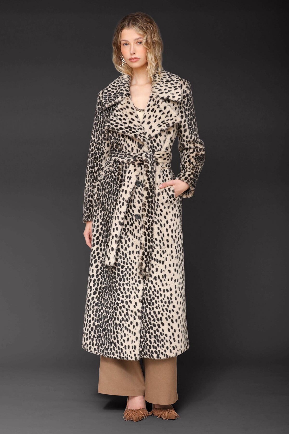 Cheetah faux fur belted black maxi coat with a wide notched lapel collar and a self-tie belt - Cute women's maxi coat by Avec Les Filles
