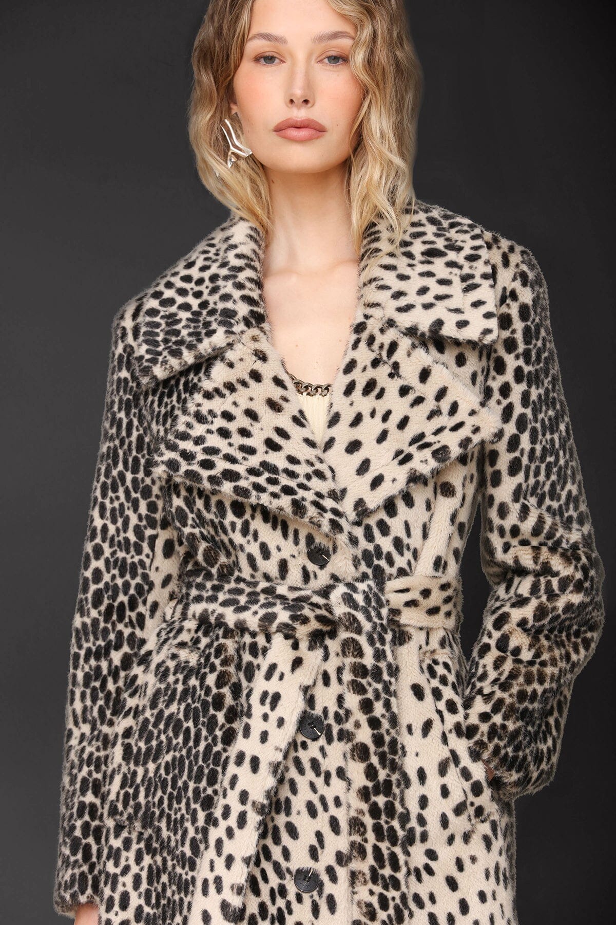 Cheetah faux fur belted black maxi coat with a wide notched lapel collar and a self-tie belt - Cute women's maxi coat by Avec Les Filles