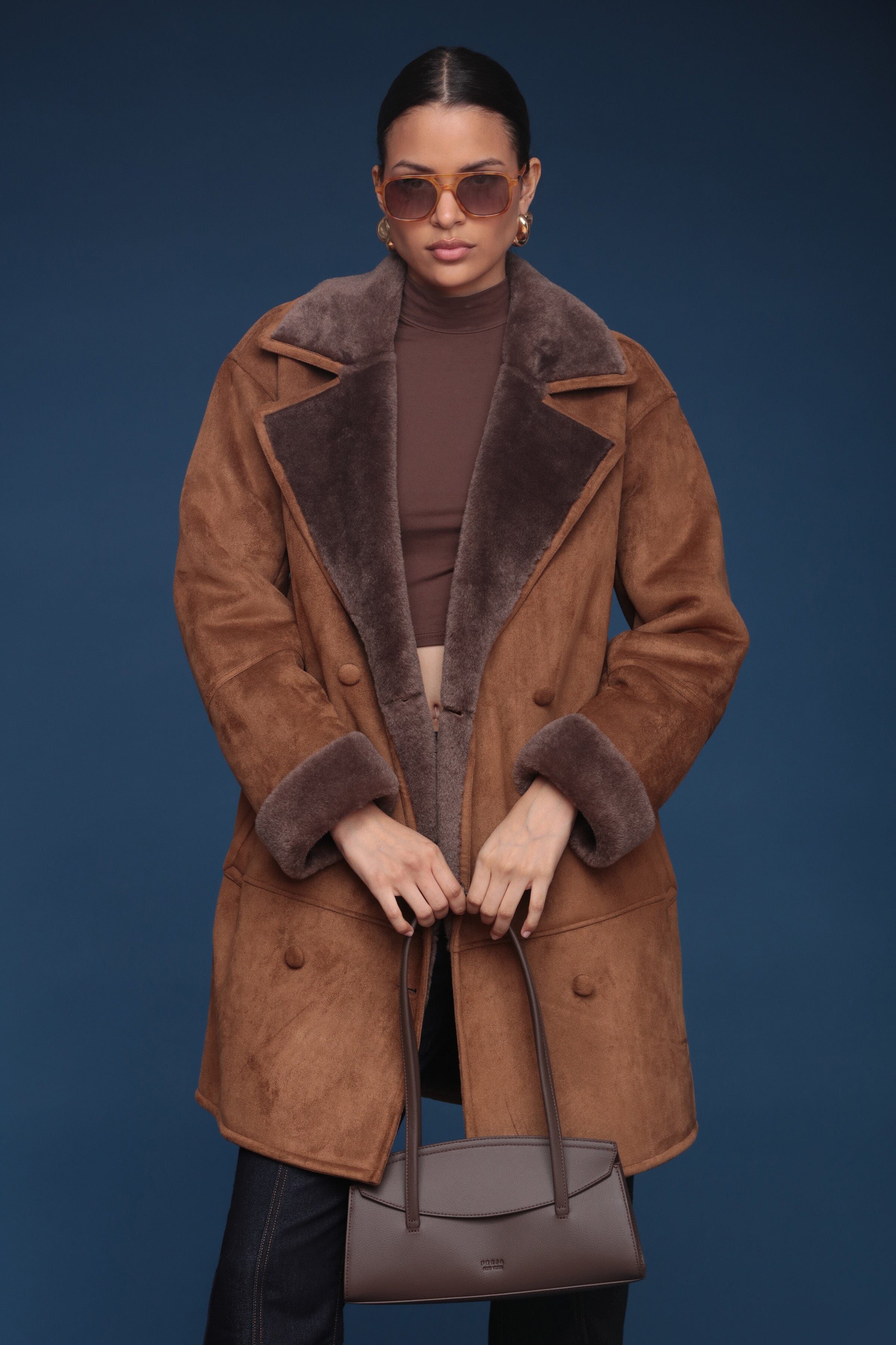 Relaxed brown faux suede shearling double-breasted peacoat with wide notched lapels and side welt pockets - Shop women’s coats by Avec Les Filles