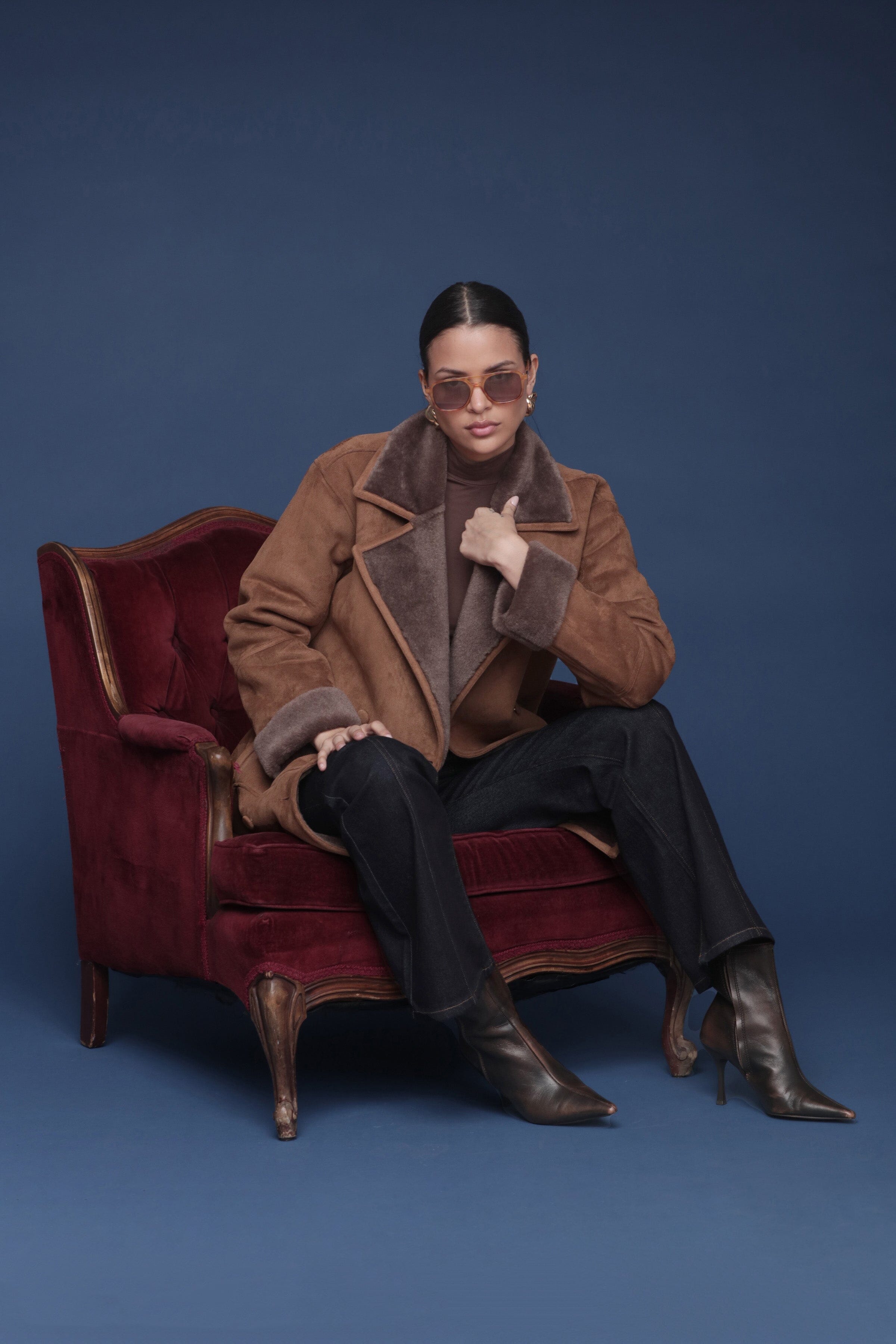Relaxed brown faux suede shearling double-breasted peacoat with wide notched lapels and side welt pockets - Shop women’s coats by Avec Les Filles