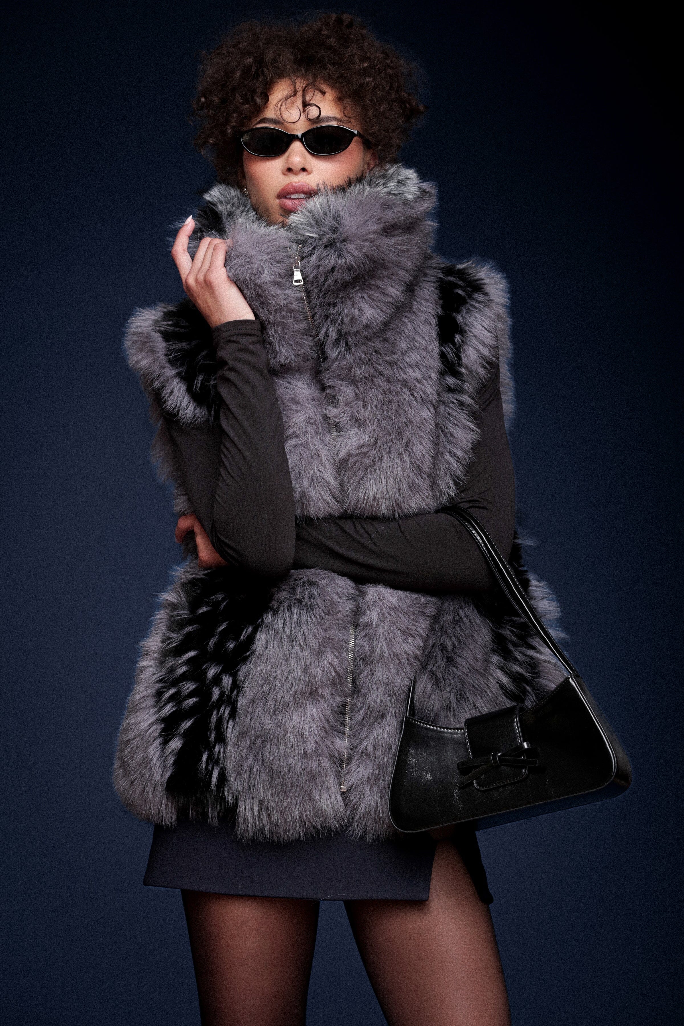 Luxe Faux Leather Fur Envelope Collar Grey Vest