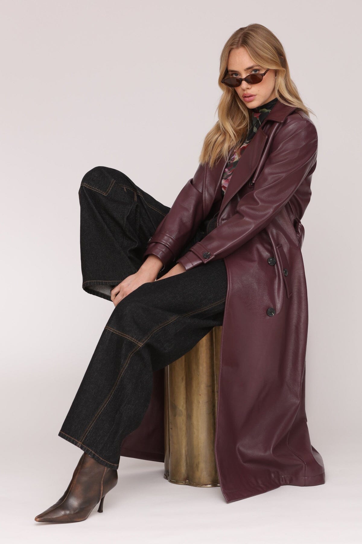 Faux leather double-breasted burgundy trench coat with removable self-tie belt and adjustable sleeve straps - Cute women's long coats by Avec Les Filles