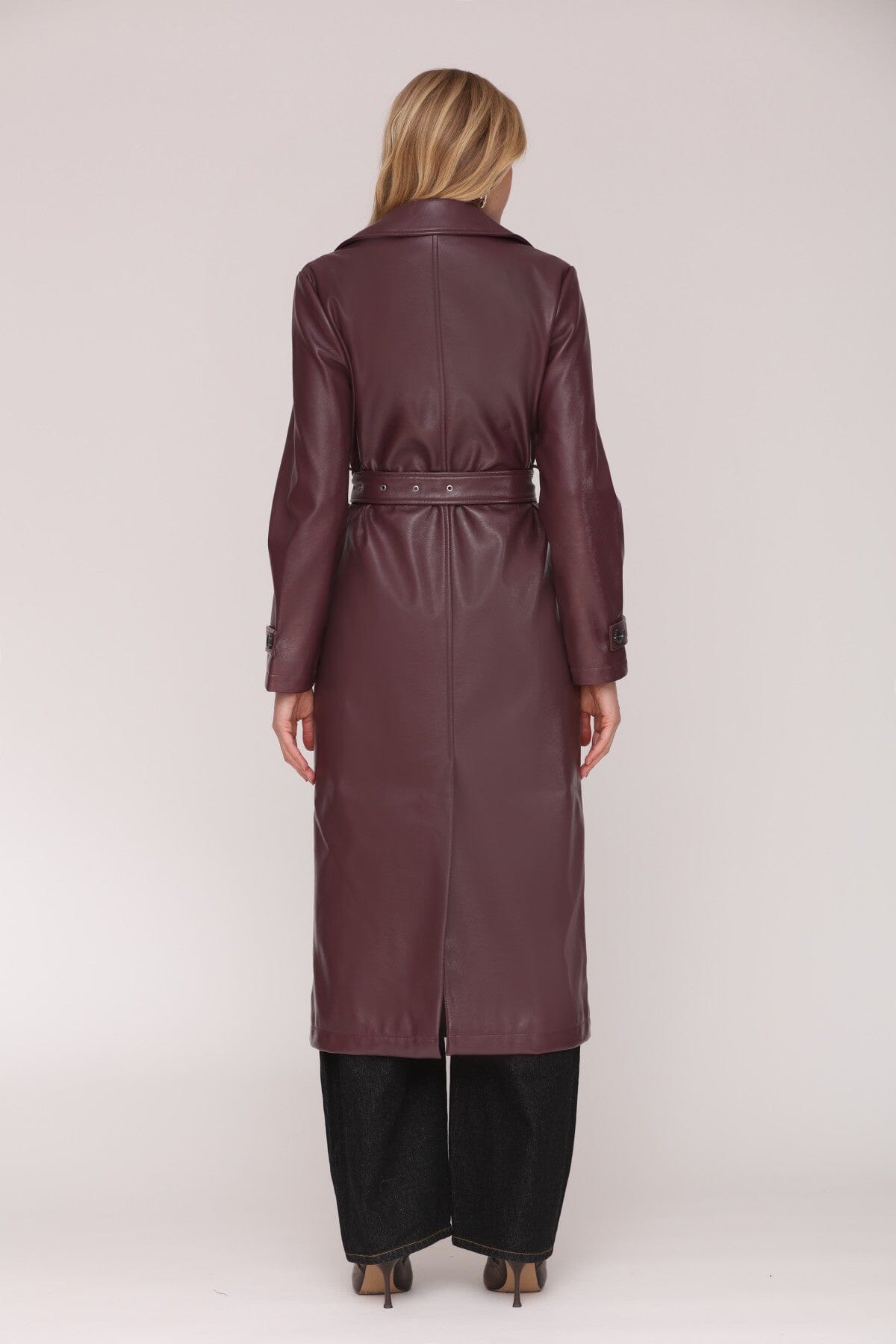 Faux leather double-breasted burgundy trench coat with removable self-tie belt and adjustable sleeve straps - Cute women's long coats by Avec Les Filles