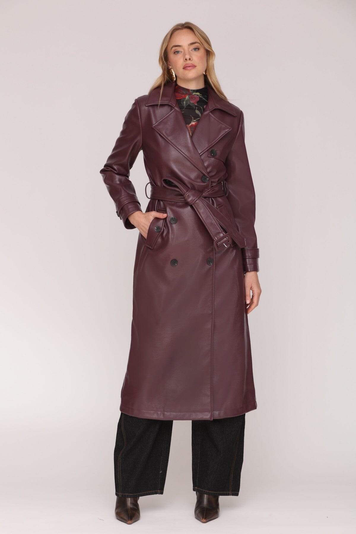 Faux leather double-breasted burgundy trench coat with removable self-tie belt and adjustable sleeve straps - Cute women's long coats by Avec Les Filles