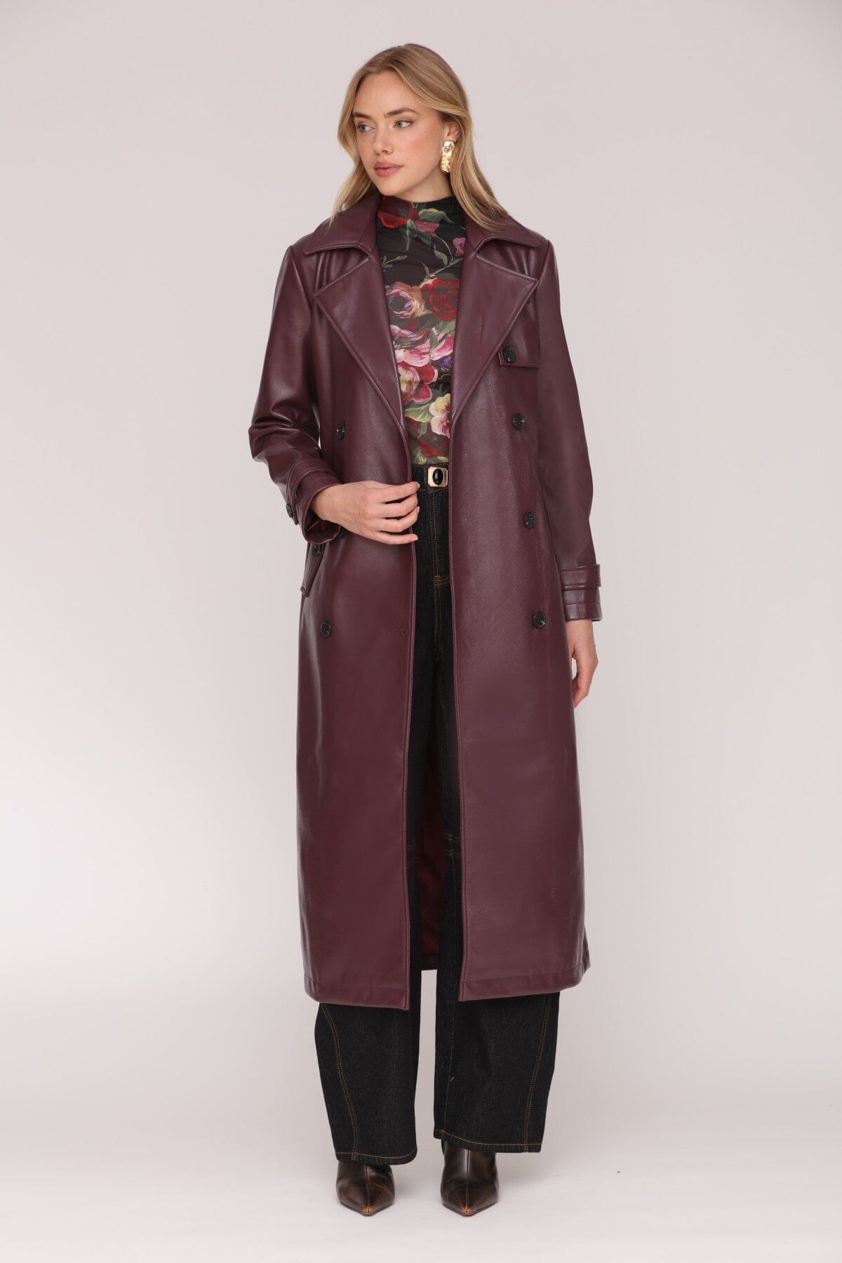 Faux leather double-breasted burgundy trench coat with removable self-tie belt and adjustable sleeve straps - Cute women's long coats by Avec Les Filles