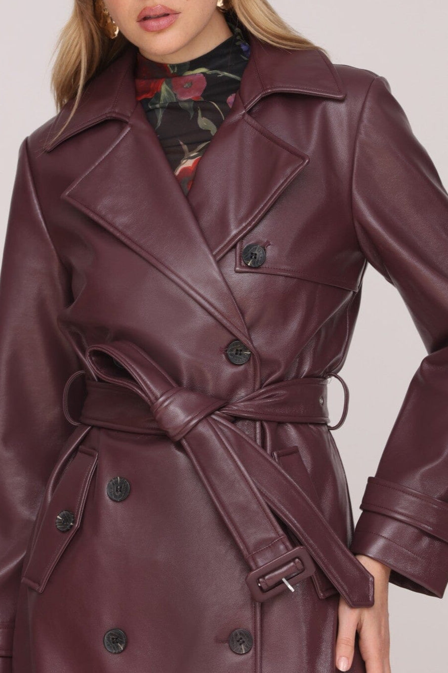 Faux leather double-breasted burgundy trench coat with removable self-tie belt and adjustable sleeve straps - Cute women's long coats by Avec Les Filles