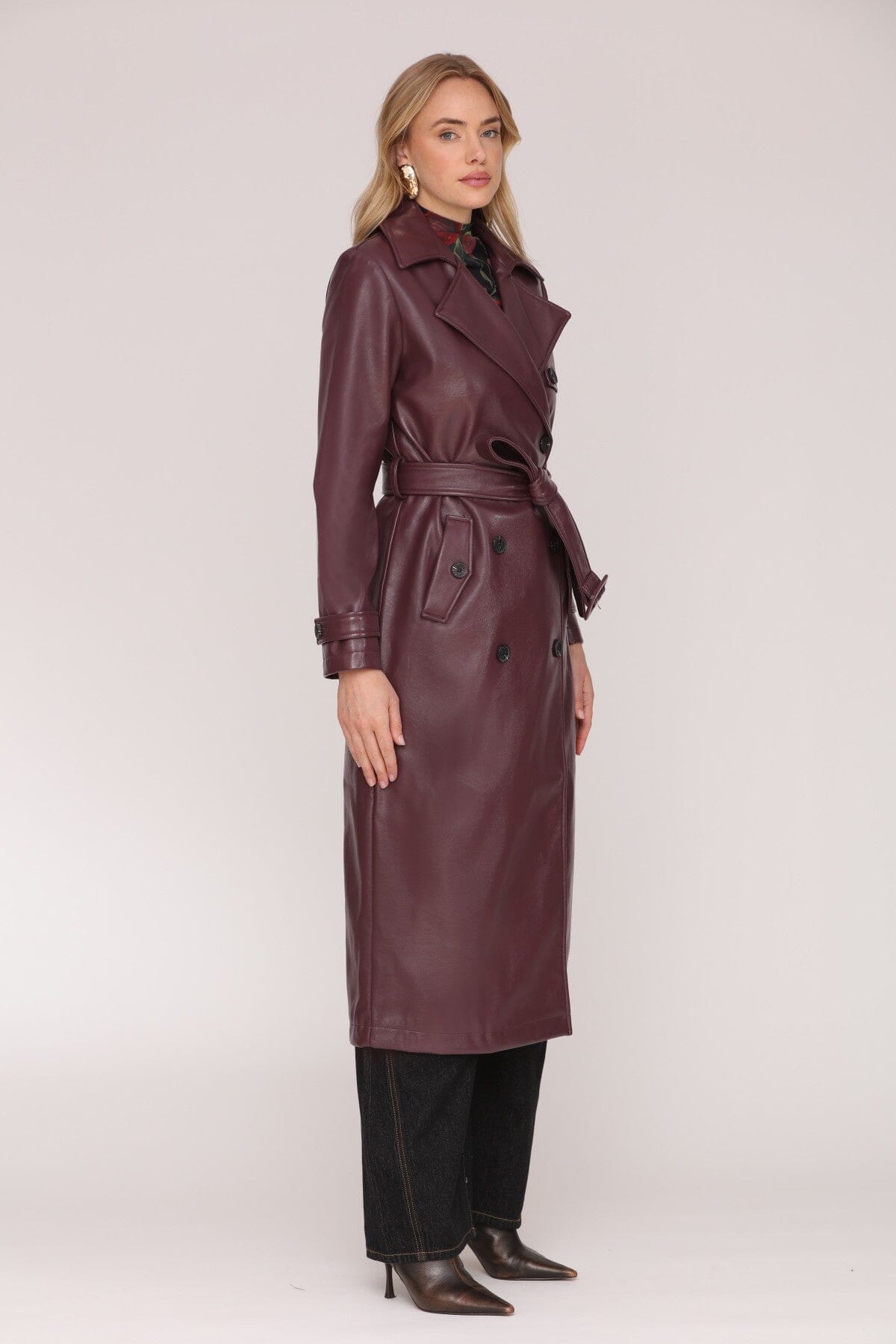 Faux leather double-breasted burgundy trench coat with removable self-tie belt and adjustable sleeve straps - Cute women's long coats by Avec Les Filles