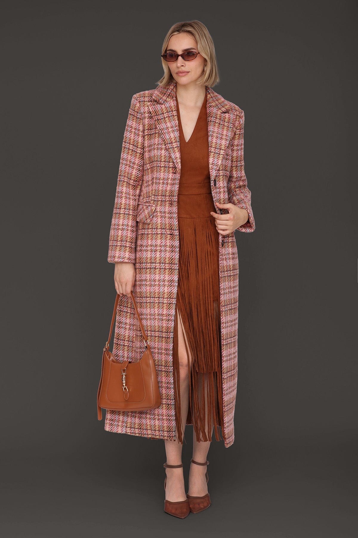 Berry plaid wool blend tailored single-breasted button-front maxi coat with long sleeves and button cuffs - Cute women's maxi coats by Avec Les Filles