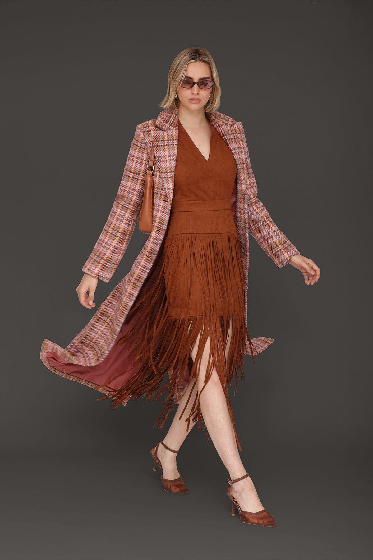 Berry plaid wool blend tailored single-breasted button-front maxi coat with long sleeves and button cuffs - Cute women's maxi coats by Avec Les Filles