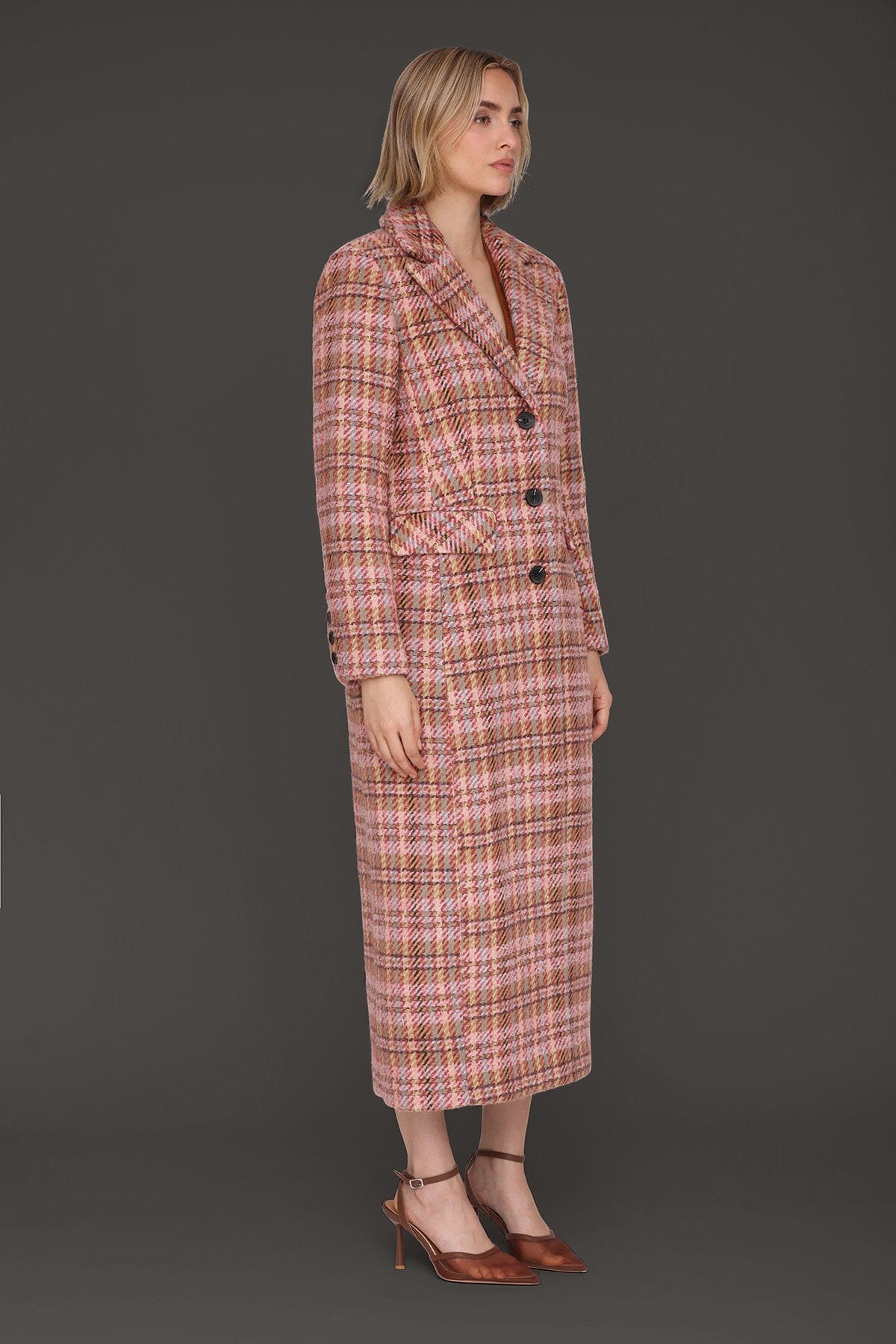 Berry plaid wool blend tailored single-breasted button-front maxi coat with long sleeves and button cuffs - Cute women's maxi coats by Avec Les Filles